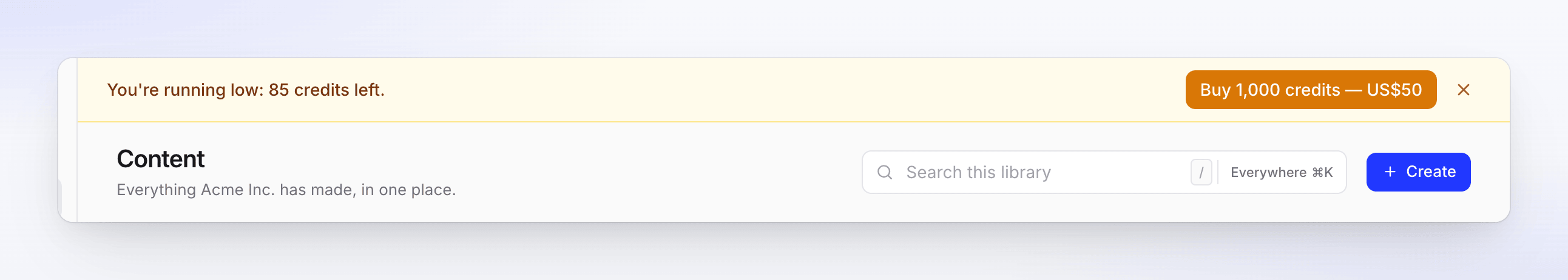 The low-credit banner with a button to buy 1,000 credits for US$50