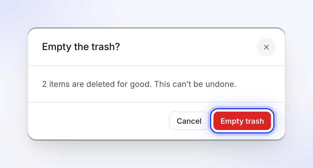 The Empty the trash? confirmation with Cancel and Empty trash