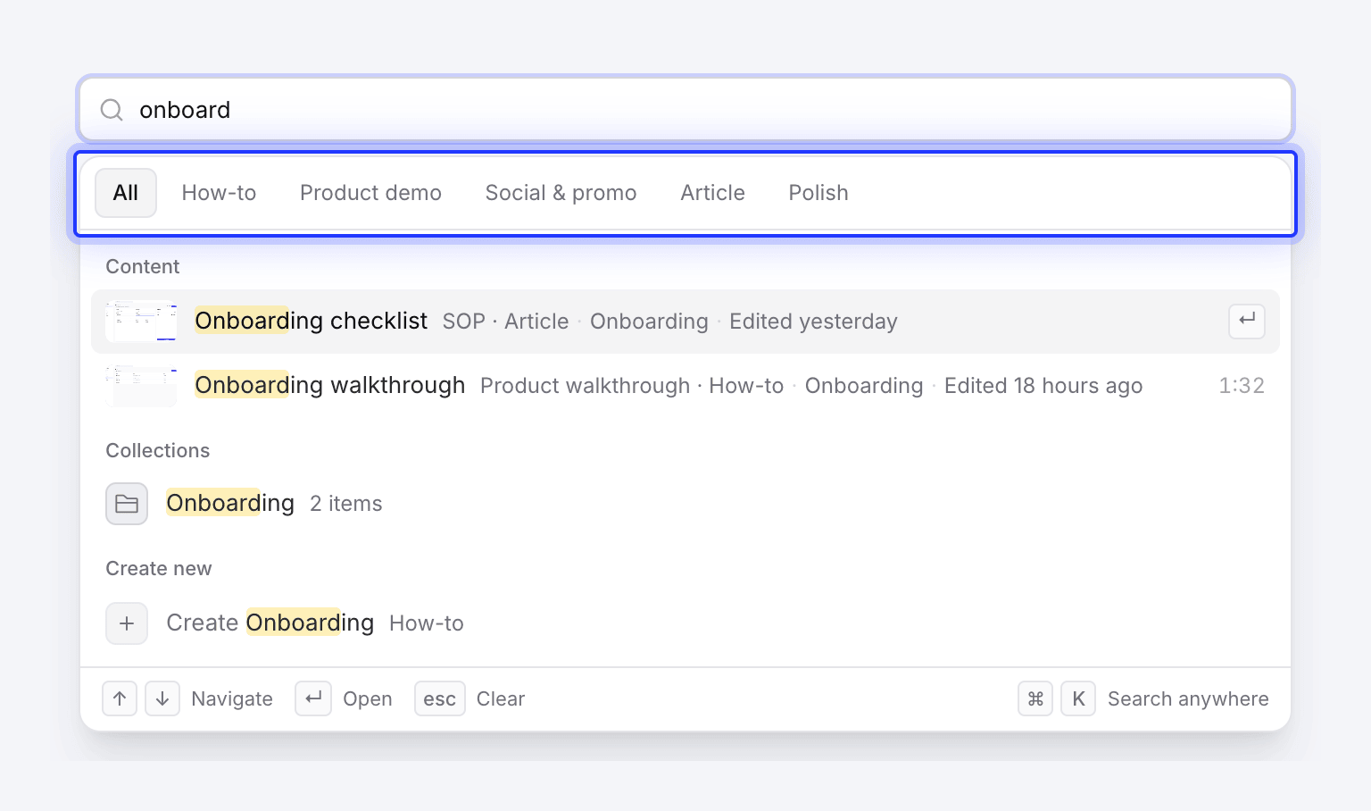 Search results for "onboard" across content, collections and create shortcuts, with type chips above