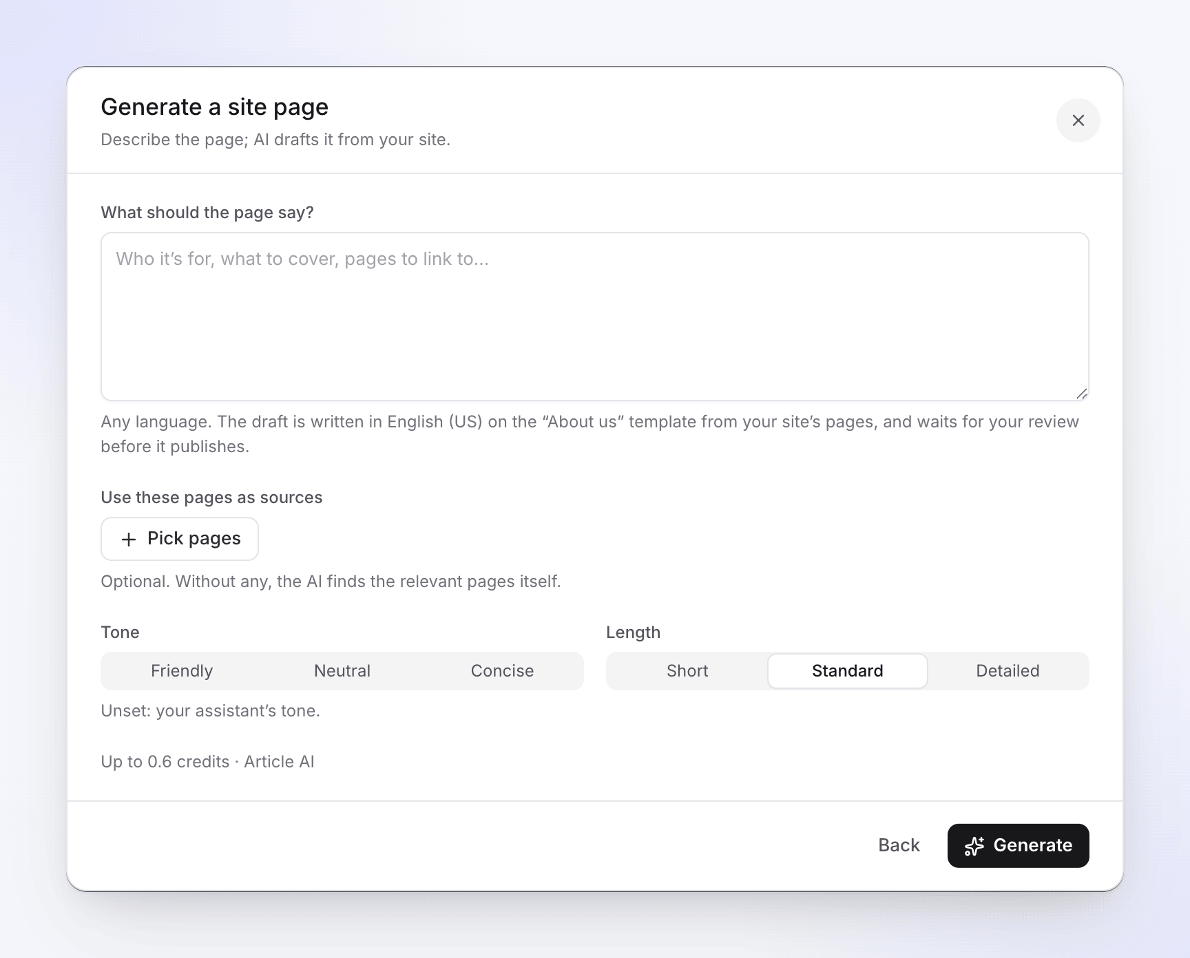 The Generate a site page dialog: what the page should say, source pages, tone, length and the credit estimate