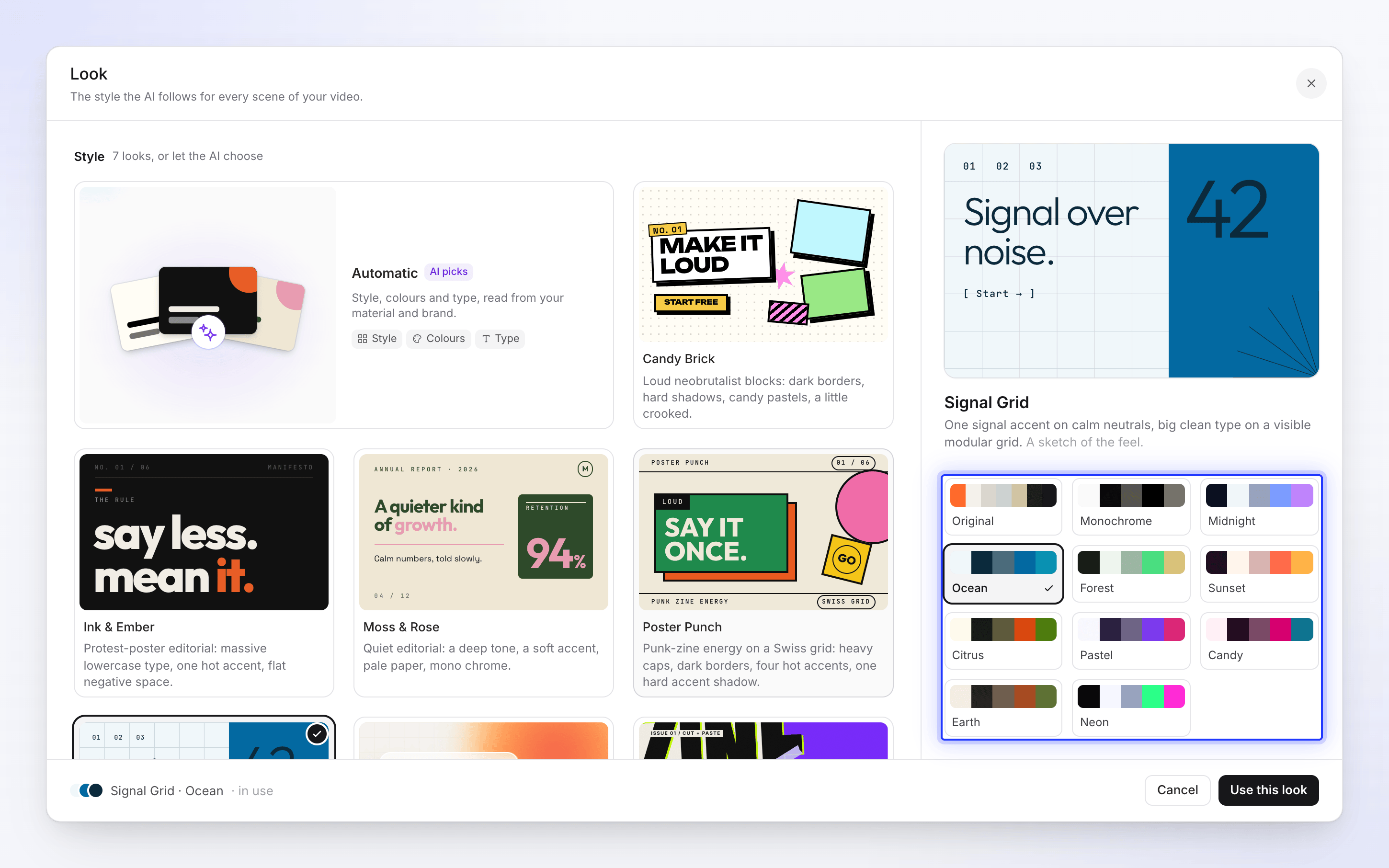The Colours section with the Palettes tab open and the Ocean palette selected
