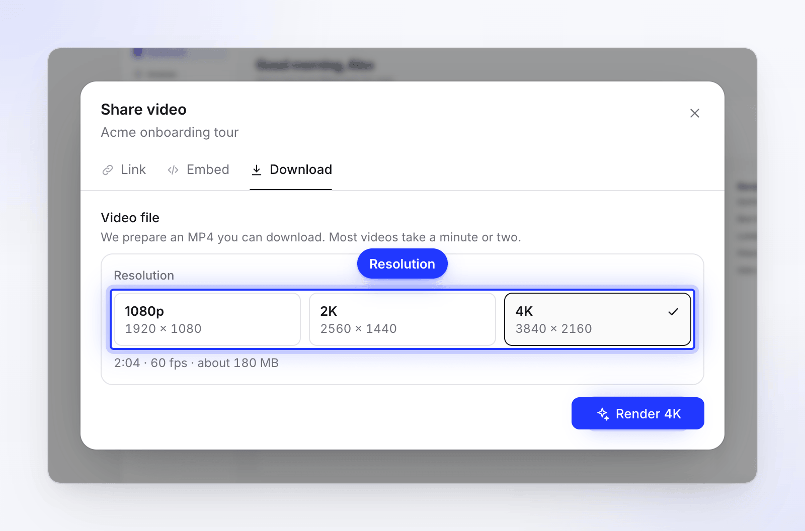 The Download tab of the Share window with 1080p, 2K and 4K options and 4K selected.