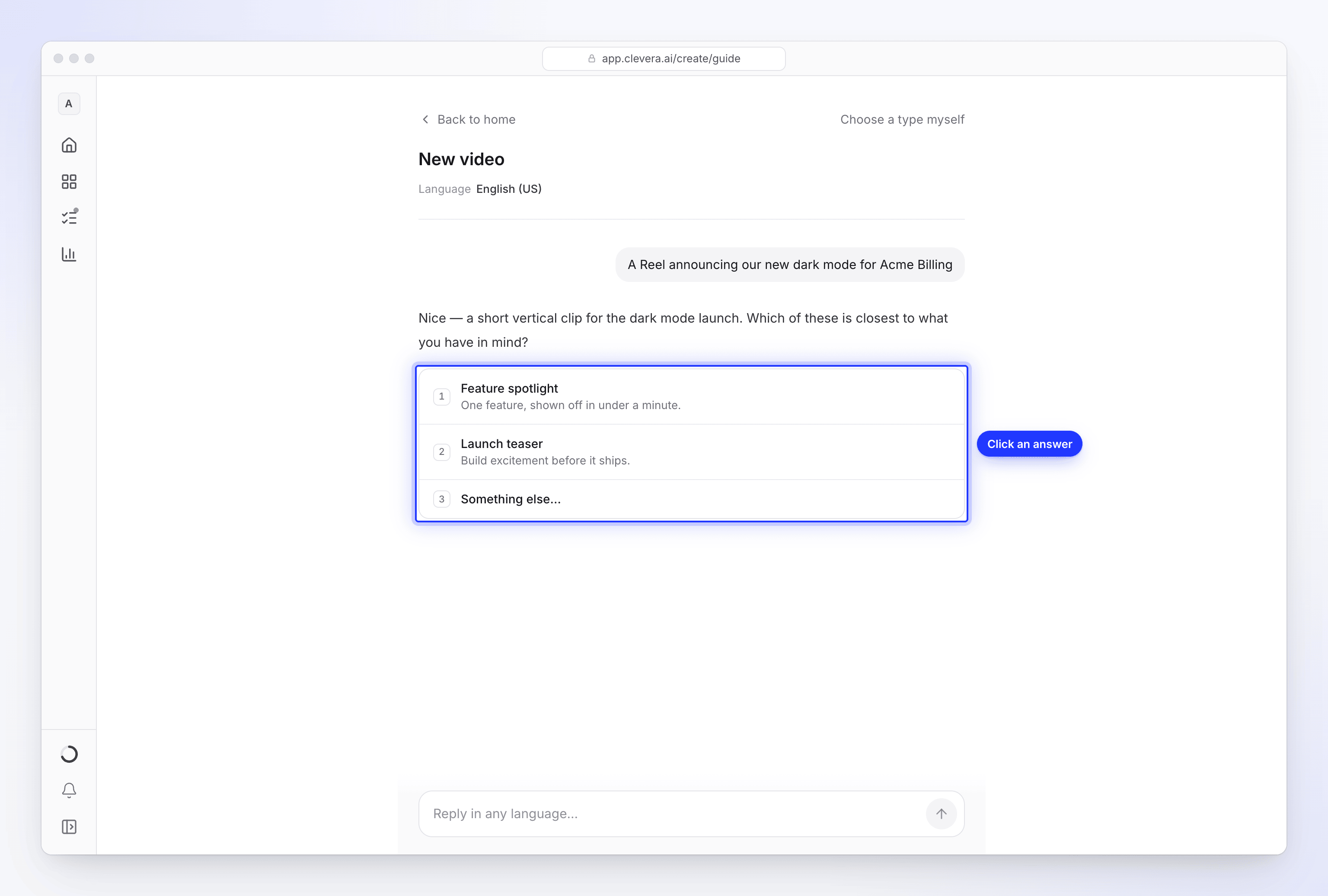 A setup chat conversation with answer choices Feature spotlight, Launch teaser and Something else
