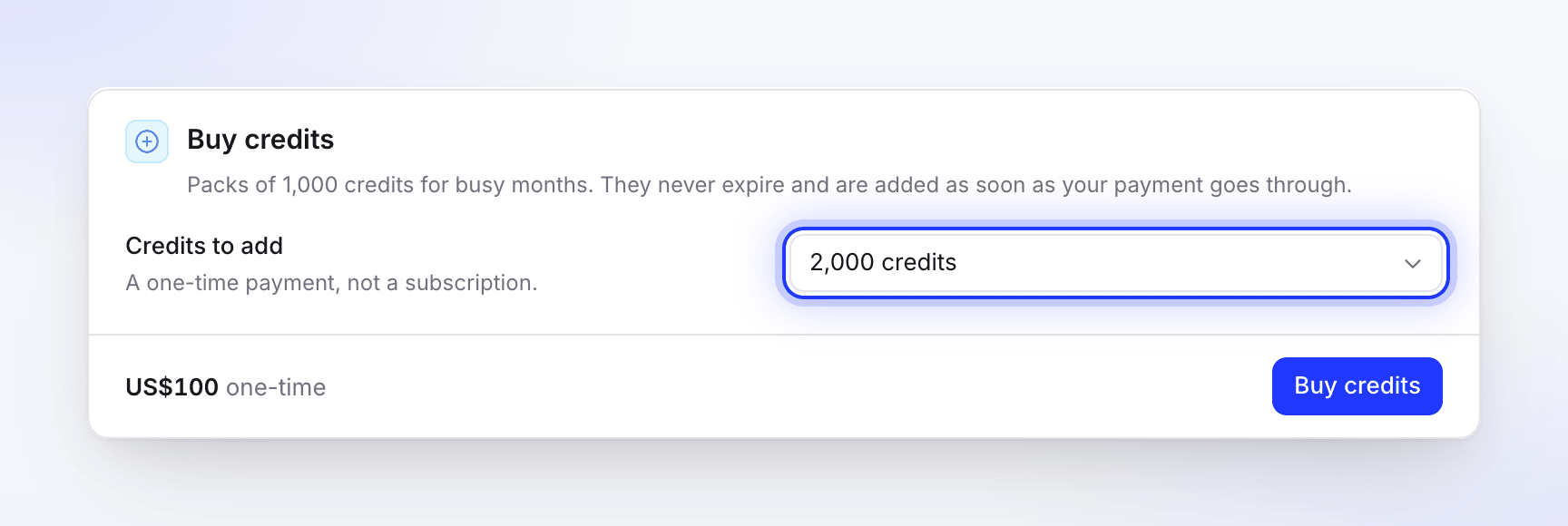 The Buy credits card in Billing with 2,000 credits selected for US$100