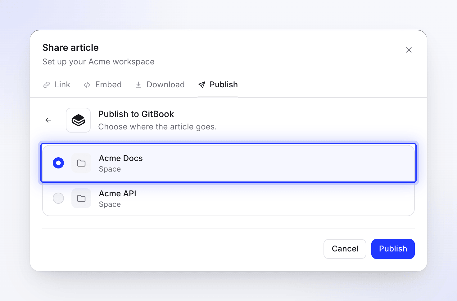 The Publish to GitBook list of spaces with Acme Docs selected