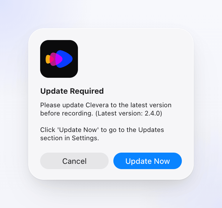 The Update Required alert with Update Now and Cancel.