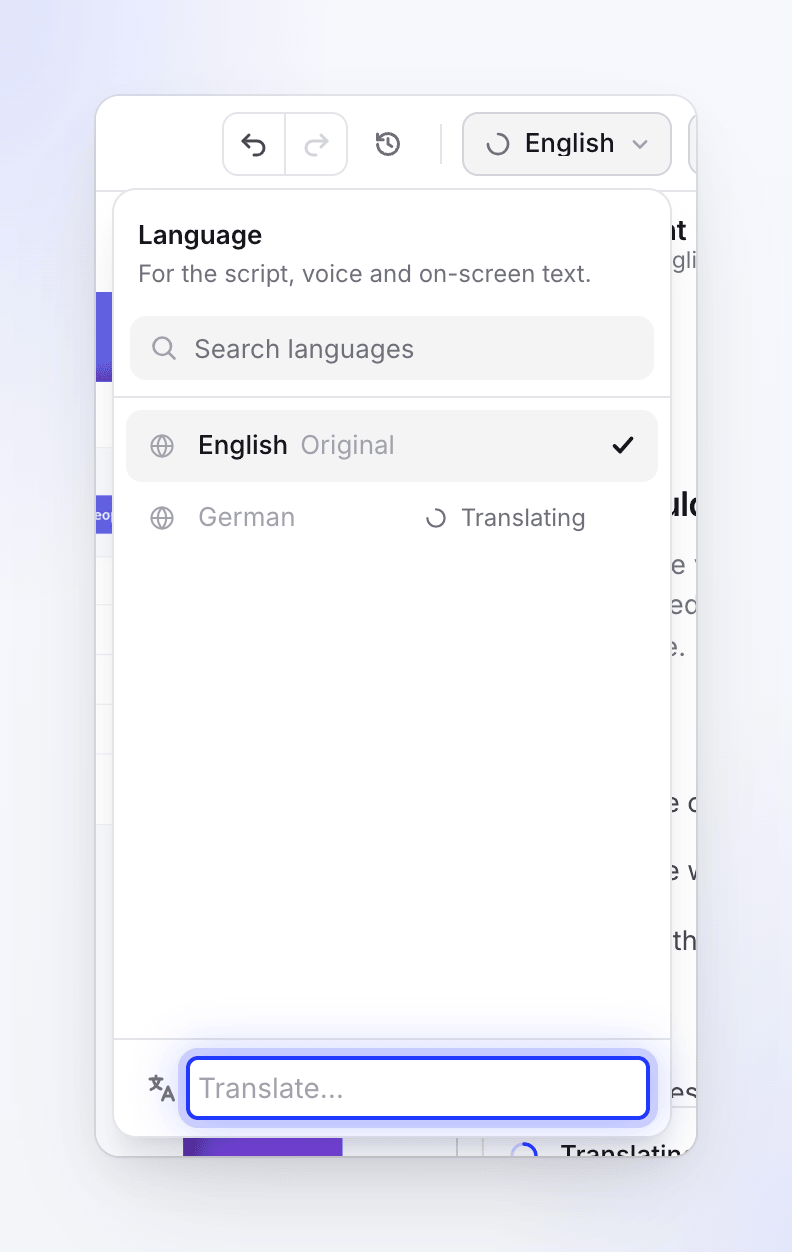 The language menu with the original language, a translation in progress and Translate.