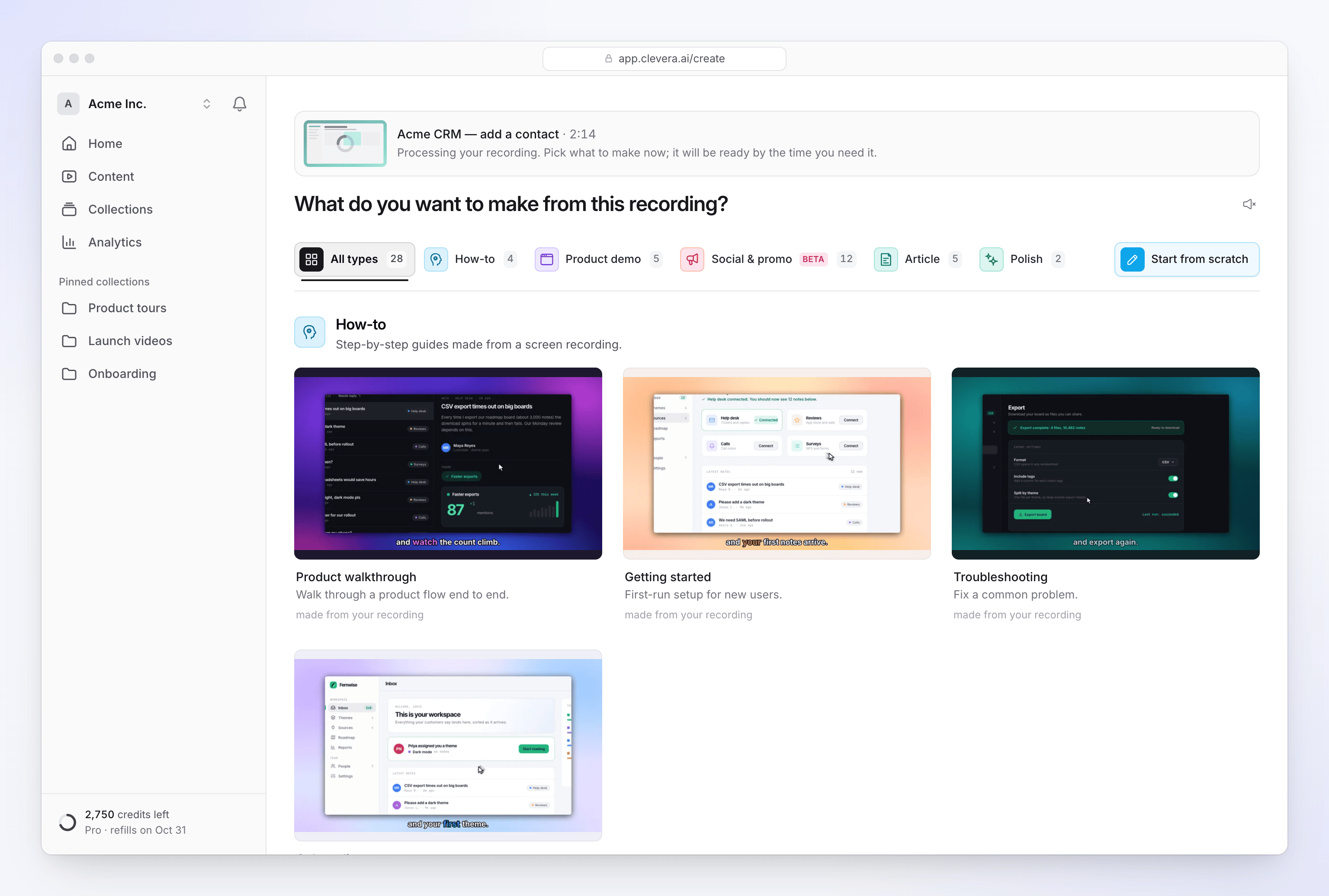 The Create page with a newly uploaded recording still processing at the top.