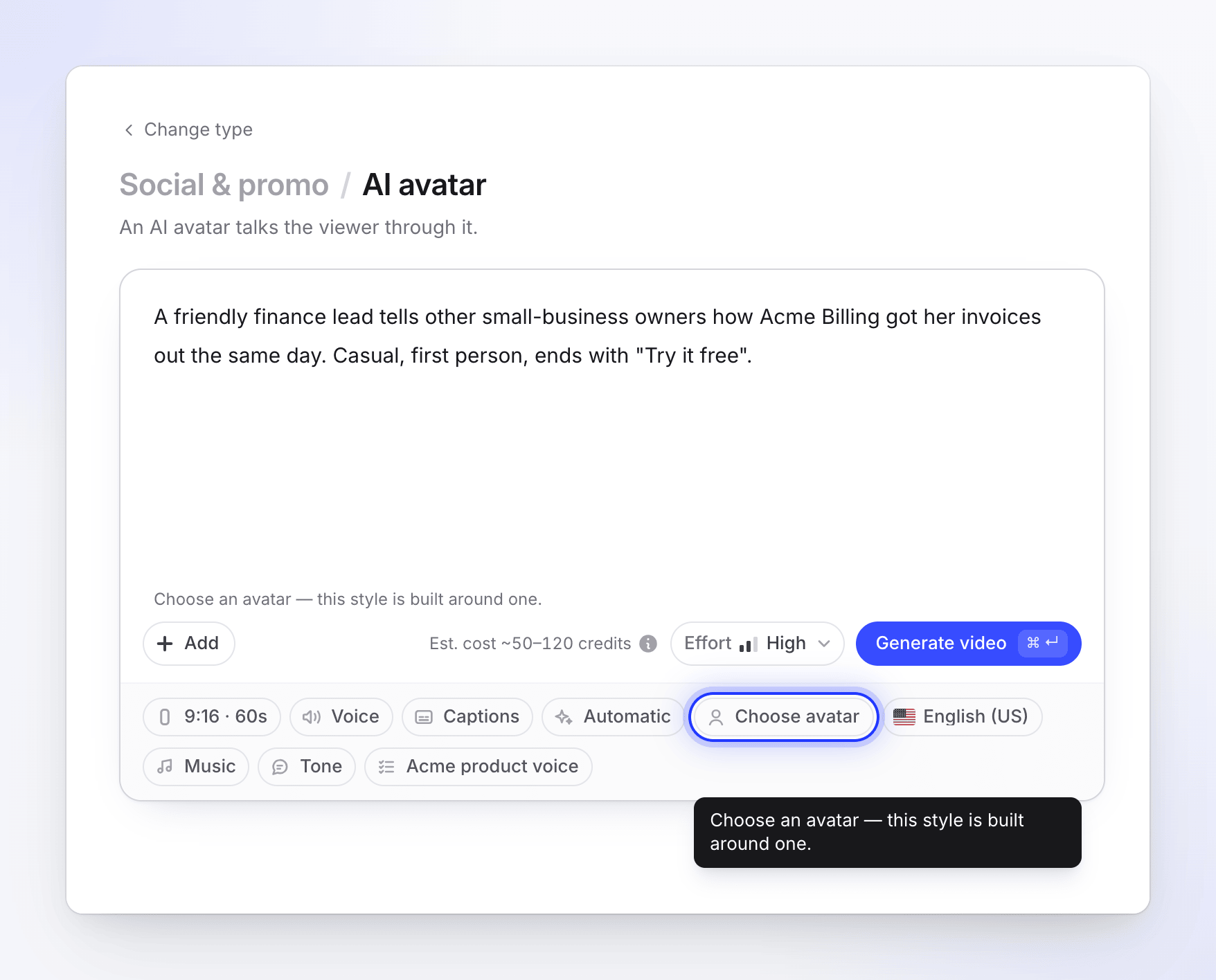 Compose for an AI avatar clip pointing at the Choose avatar pill with the message Choose an avatar — this style is built around one