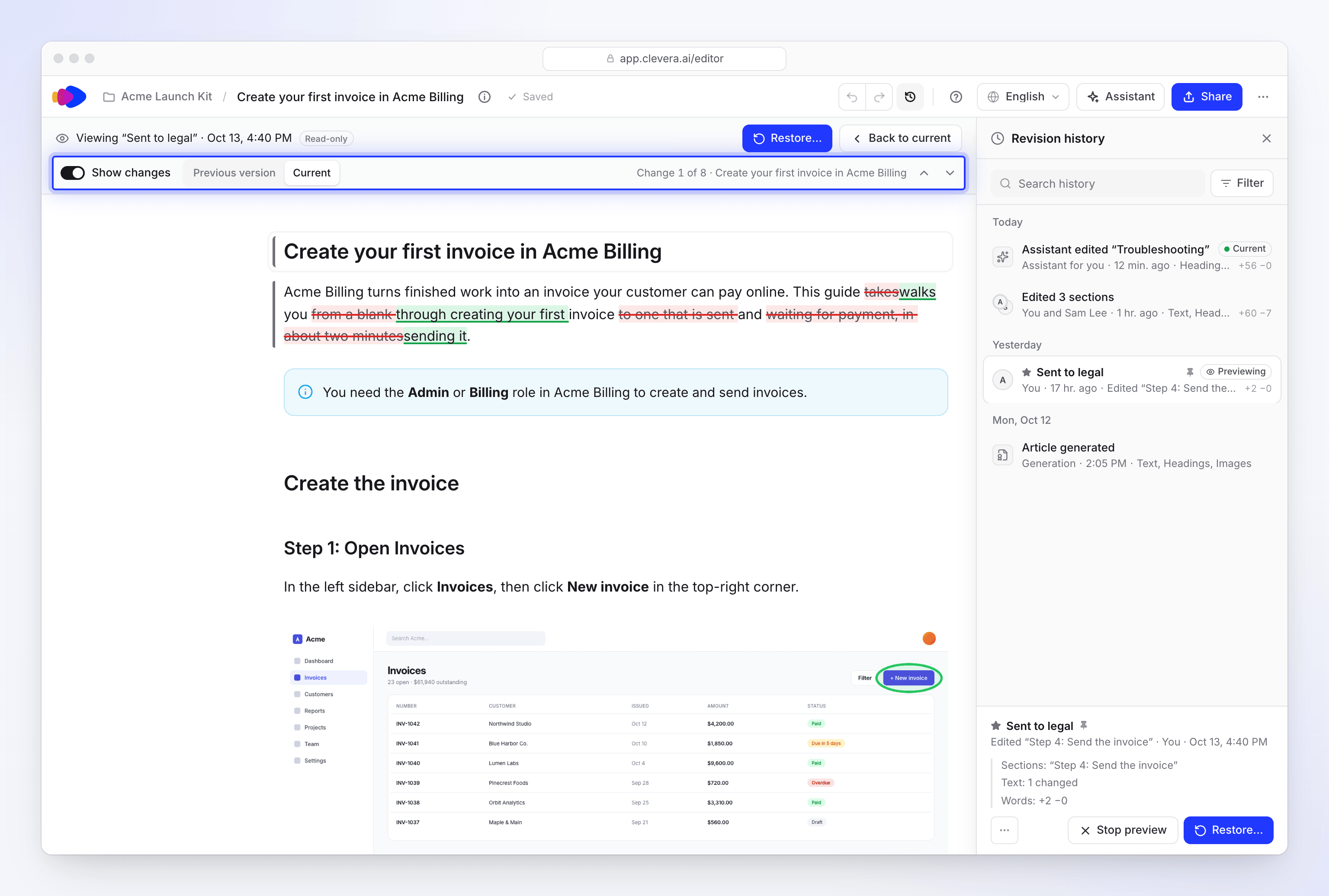 Prévisualisation de la version Envoyé au service juridique avec Afficher les modifications activé, comparée avec Actuel, Changement 1 sur 8