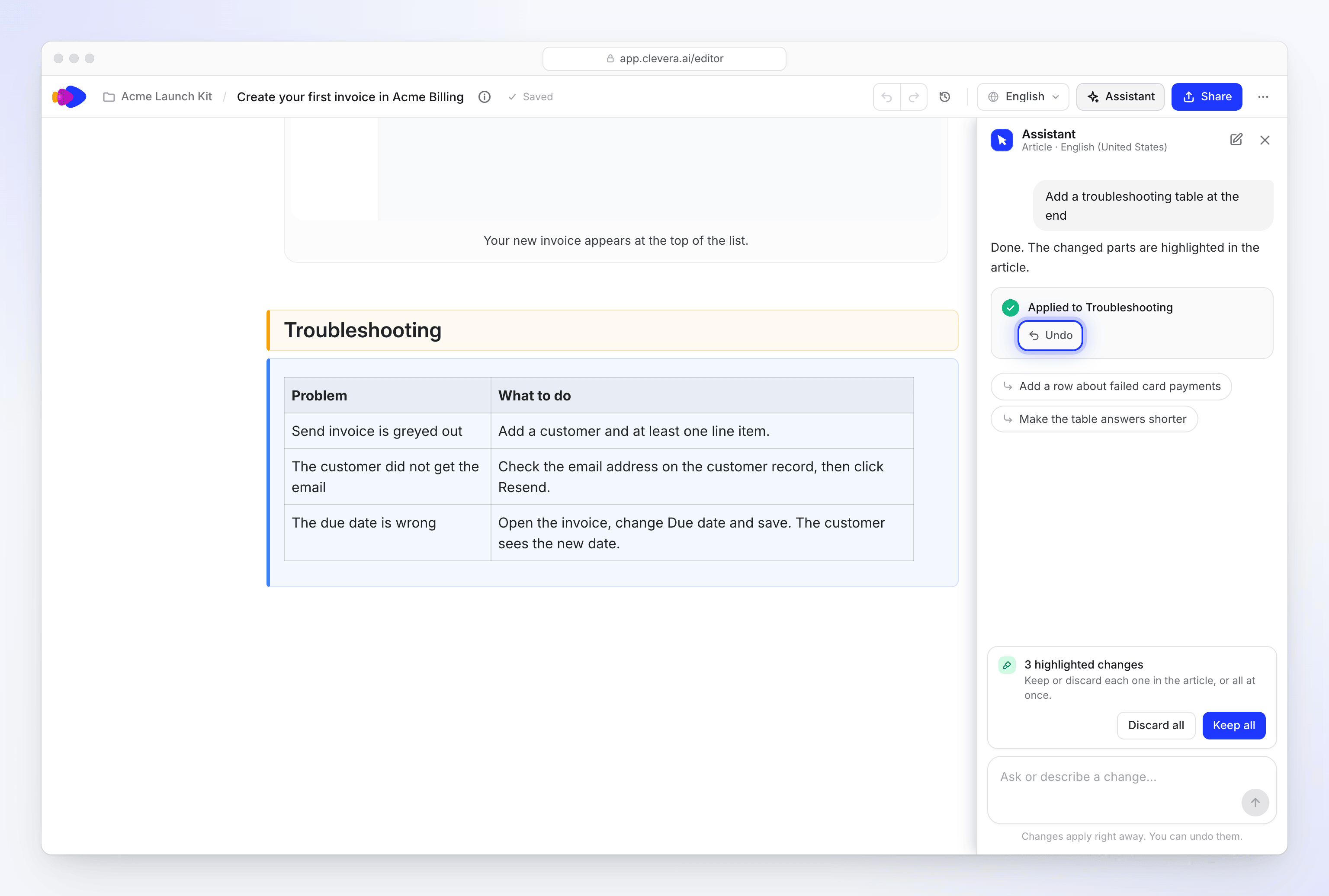 An assistant reply with Undo, and the new troubleshooting table highlighted in the article