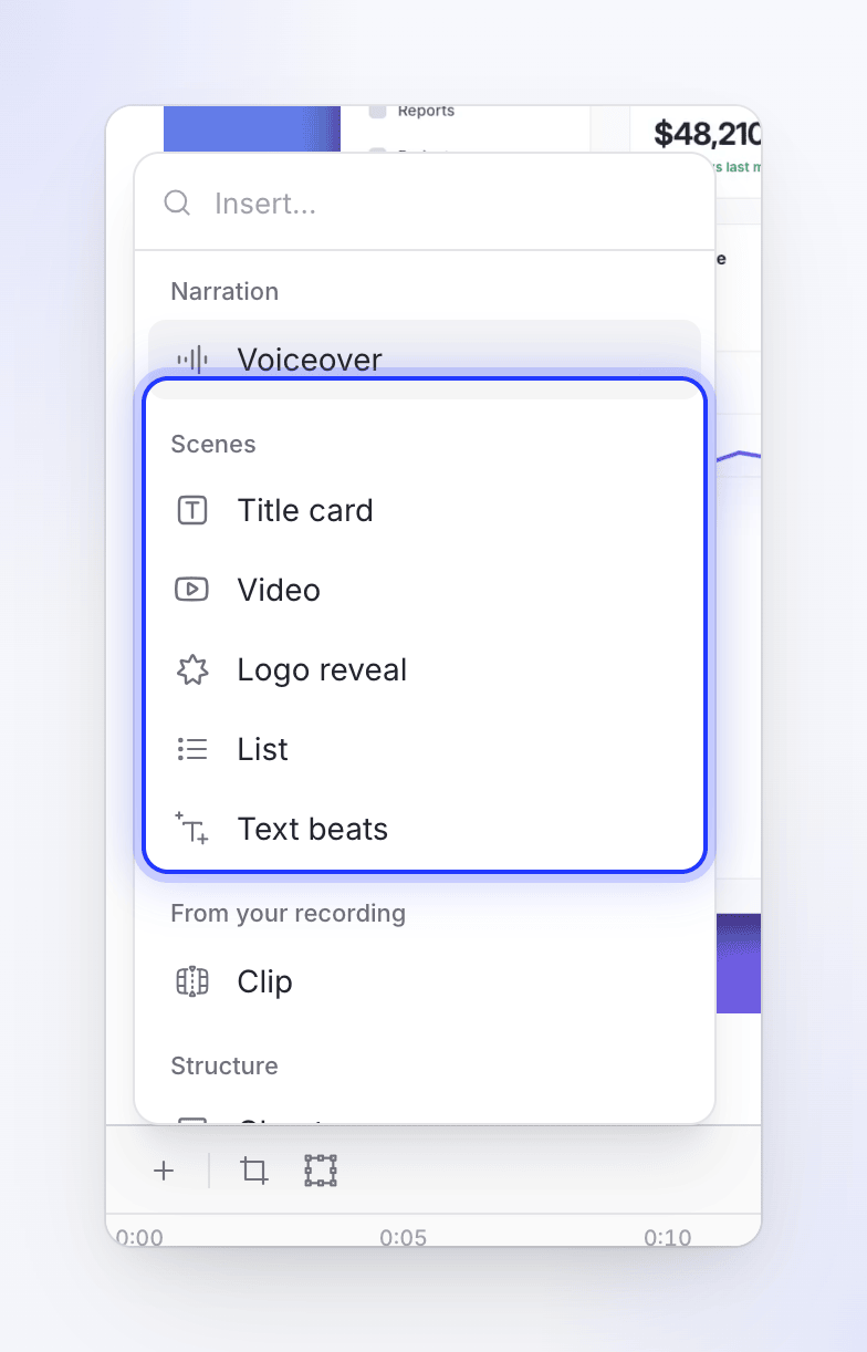 The Add menu with Title card, Video, Logo reveal, List and Text beats under Scenes, Voiceover under Narration and Clip under From your recording.