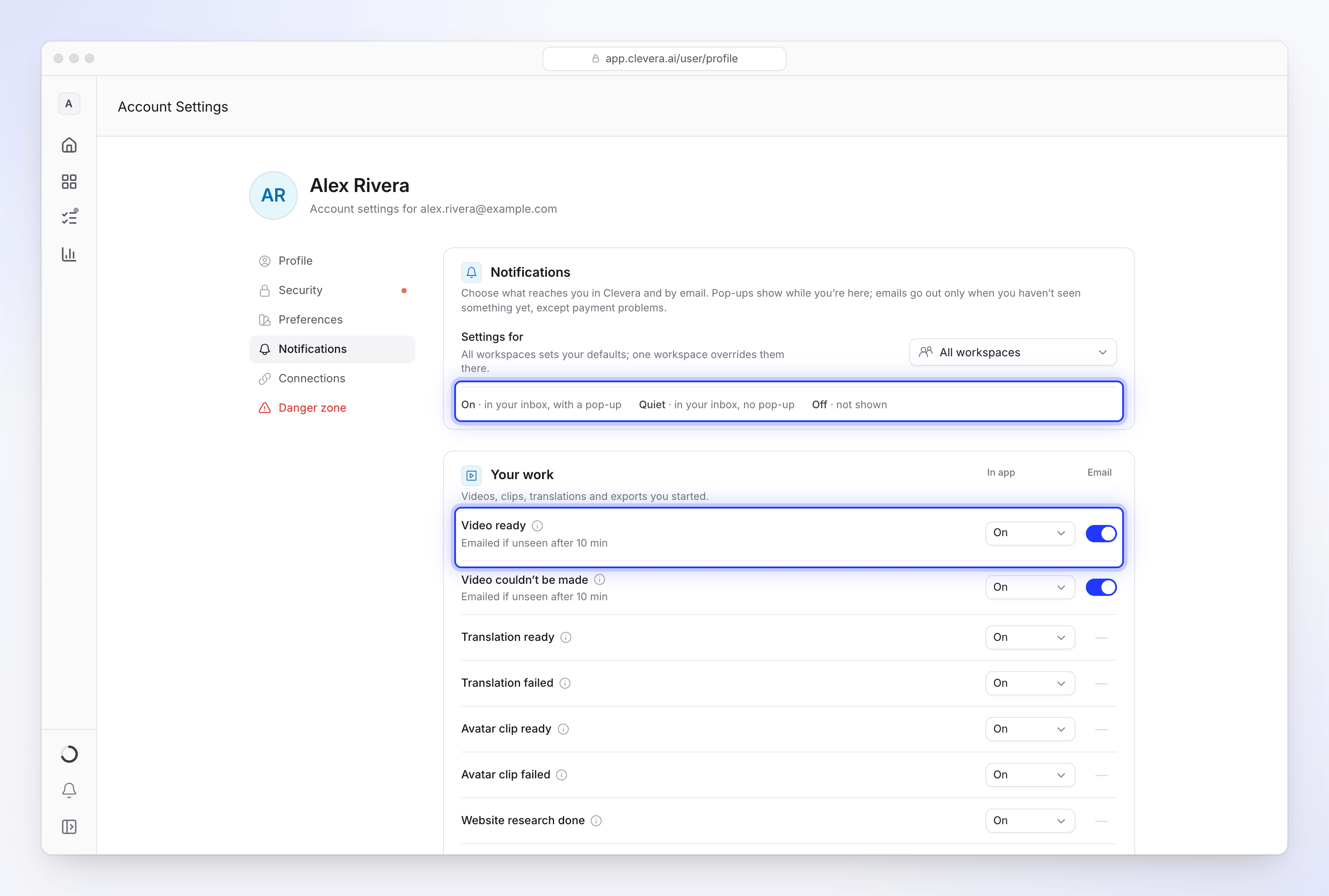 Configuración de la cuenta Notificaciones: niveles y las filas de Tu trabajo