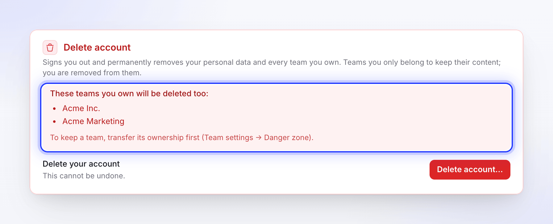 The Delete account section listing the Acme Inc. and Acme Marketing workspaces that would be deleted too