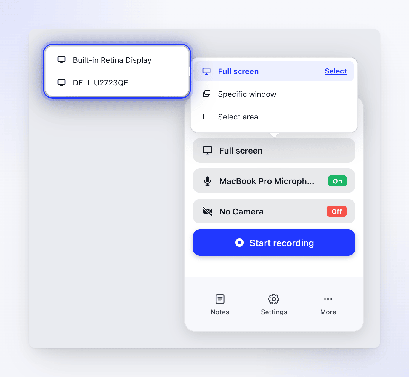 The what-to-record menu with Full screen, Specific window and Select area, and a list of two displays.