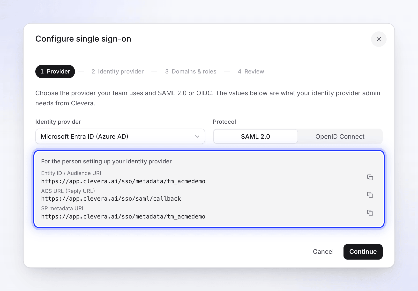 Step 1 of the SSO setup dialog with Microsoft Entra ID and SAML 2.0 selected and the values to copy