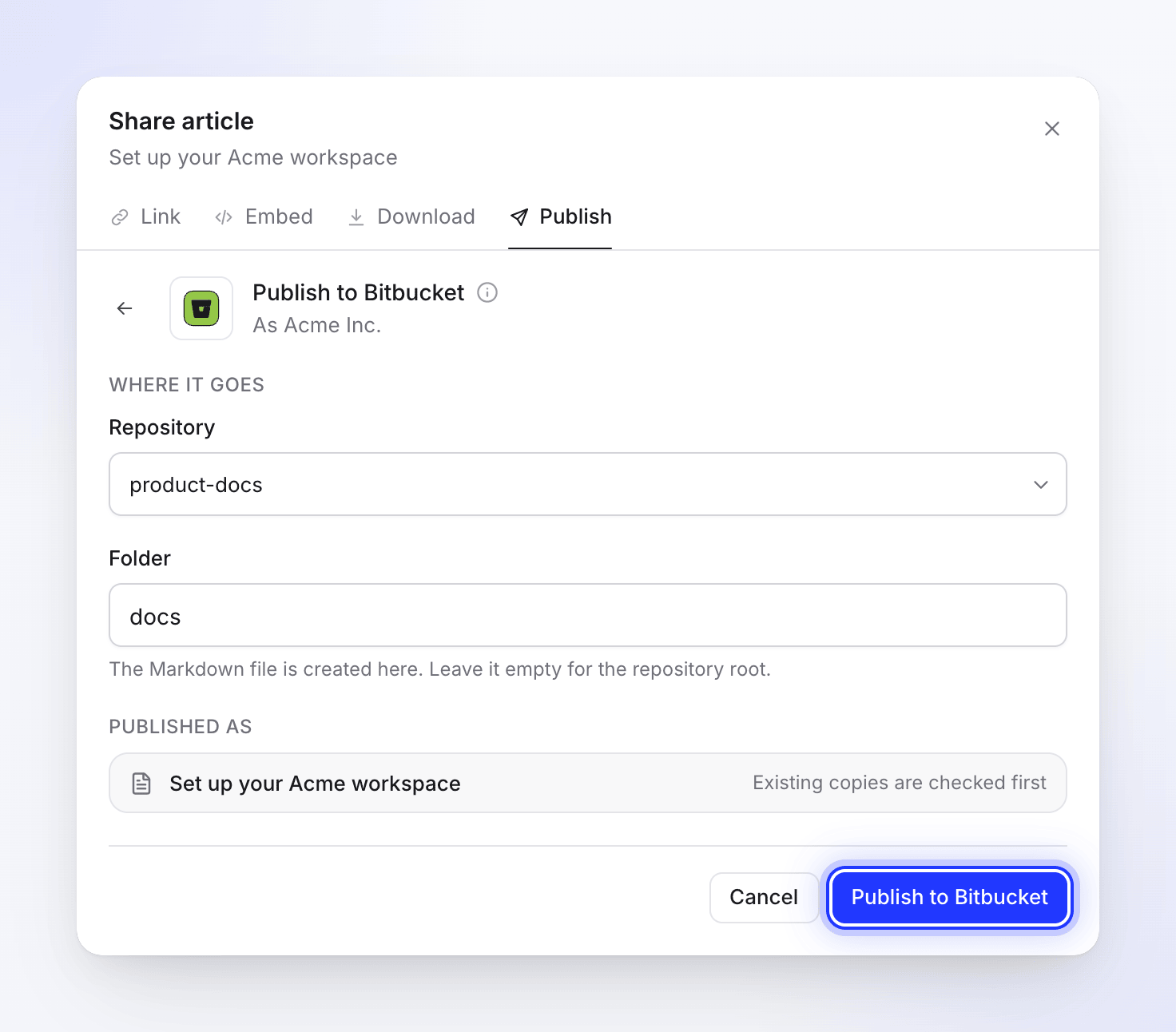 Il modulo Pubblica su Bitbucket con il repository product-docs e la cartella docs, pronto per la pubblicazione