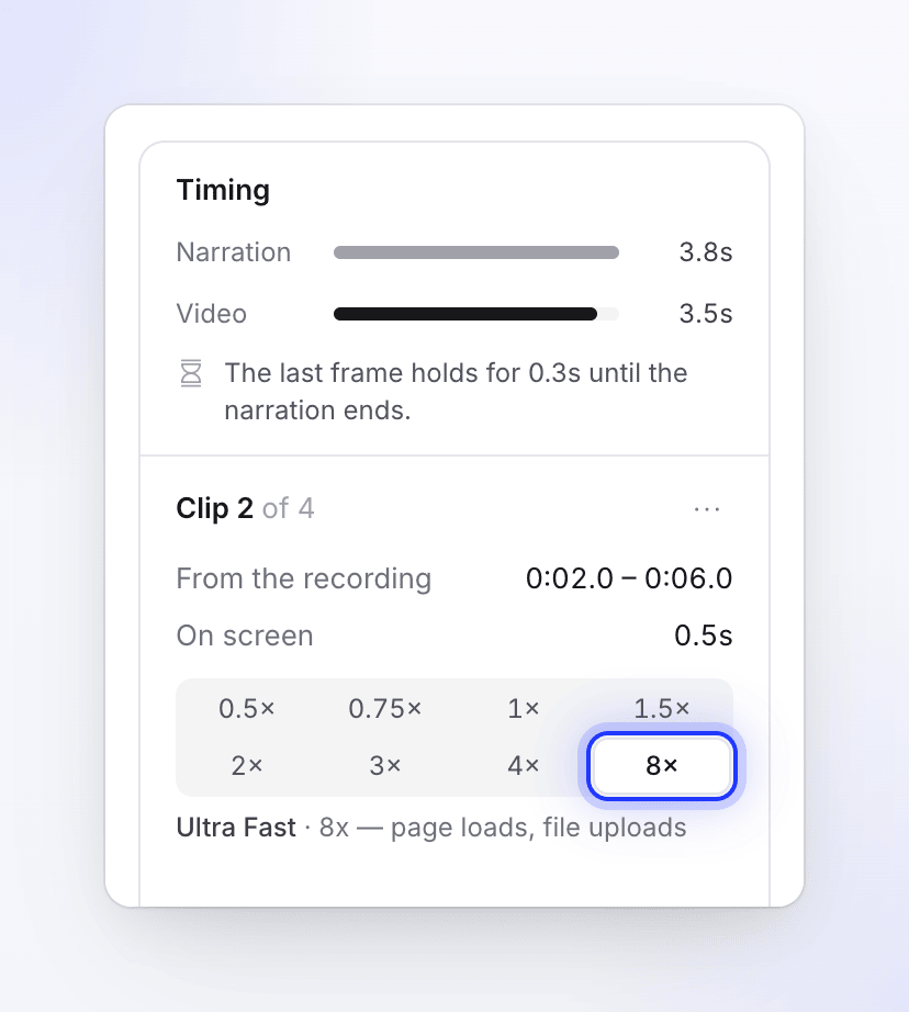 The selected clip's speed picker with Ultra Fast 8x chosen.