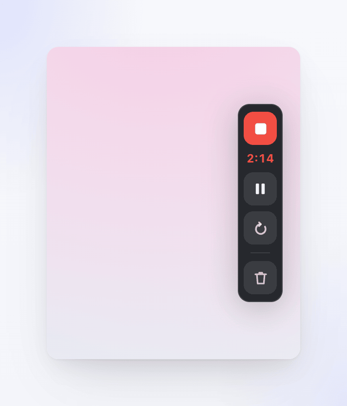 The recording control bar with stop, timer, pause, restart and delete buttons.