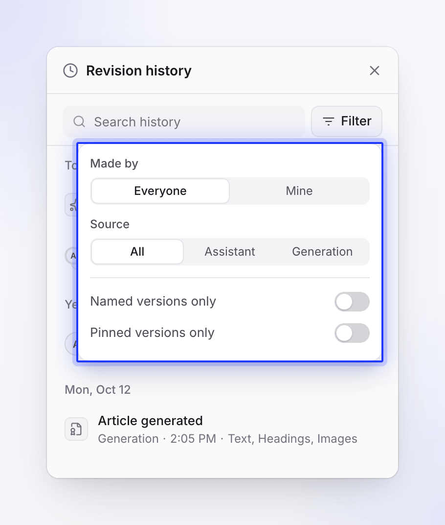 Les filtres de l'historique des révisions : Créé par, Source, Versions nommées uniquement et Versions épinglées uniquement