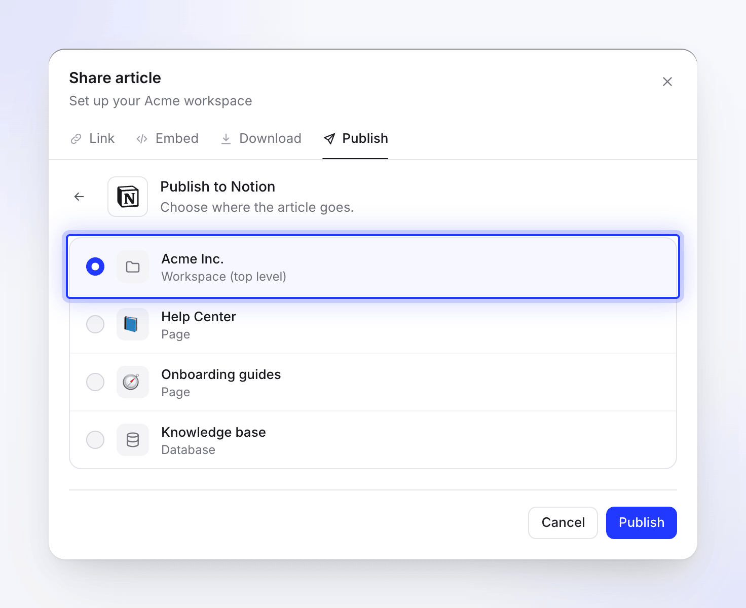 The Publish to Notion list with the workspace top level, two pages and a database