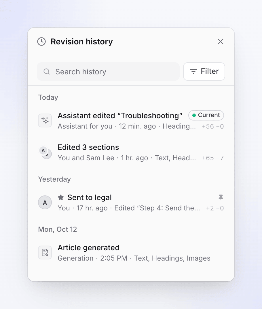The Revision history panel listing assistant, team, named and generated versions