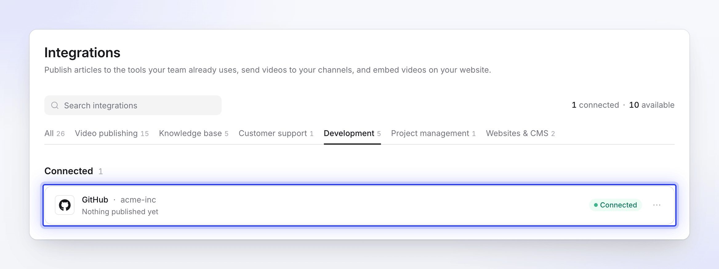 GitHub elencato sotto Connesso per l'account acme-inc, senza contenuti pubblicati