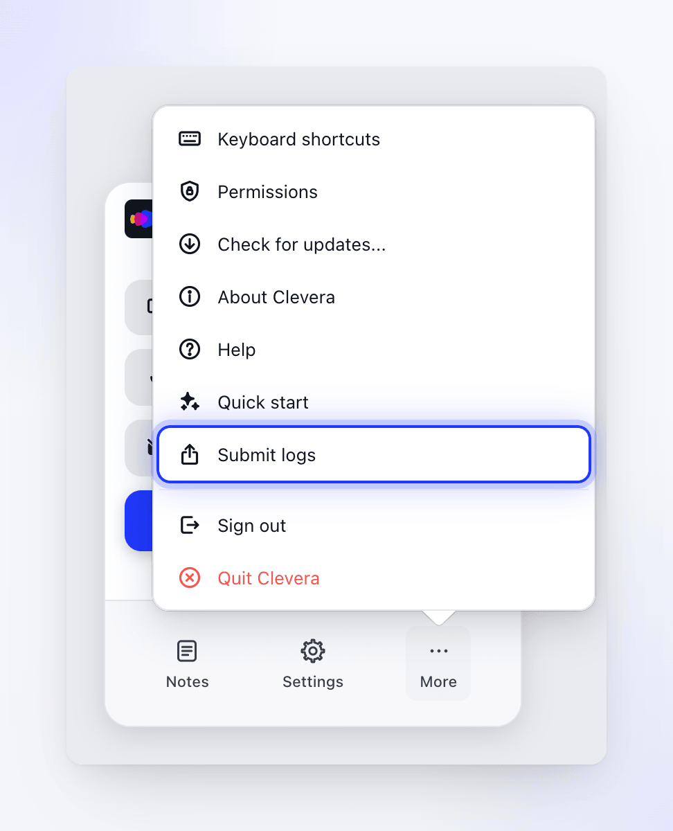 Mac: the More menu of the Clevera recording window, with Submit logs highlighted.