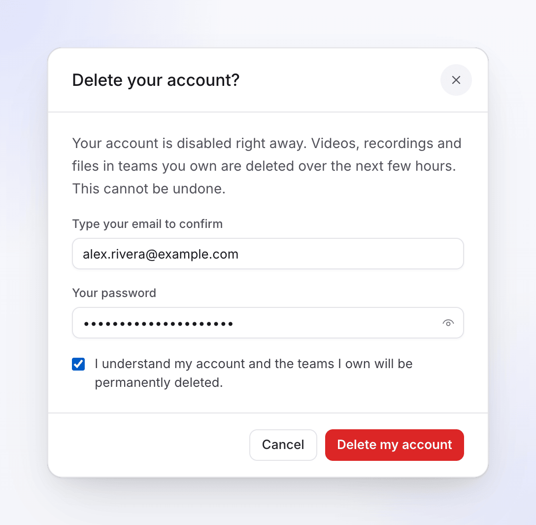 The Delete your account dialog with email, password and the confirmation box filled in