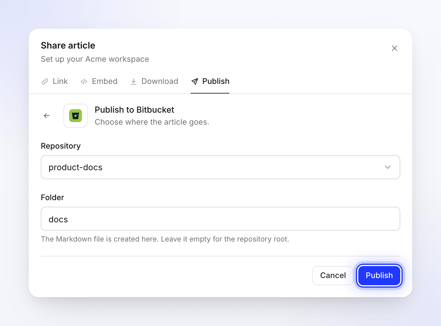 The Publish to Bitbucket form with the product-docs repository and the docs folder, ready to publish