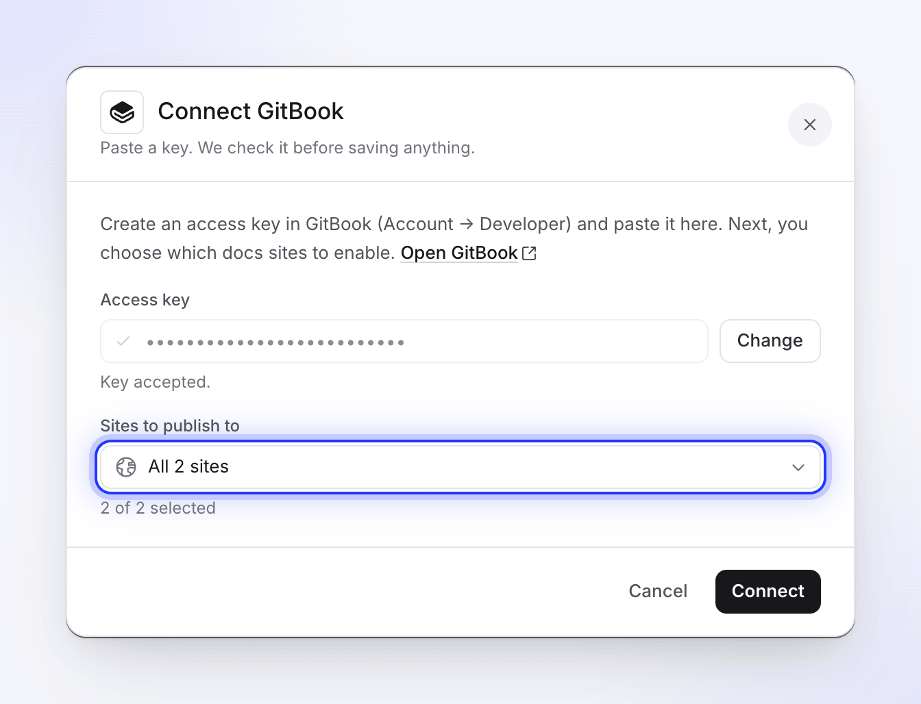 The Connect GitBook window with an accepted access key and both docs sites selected