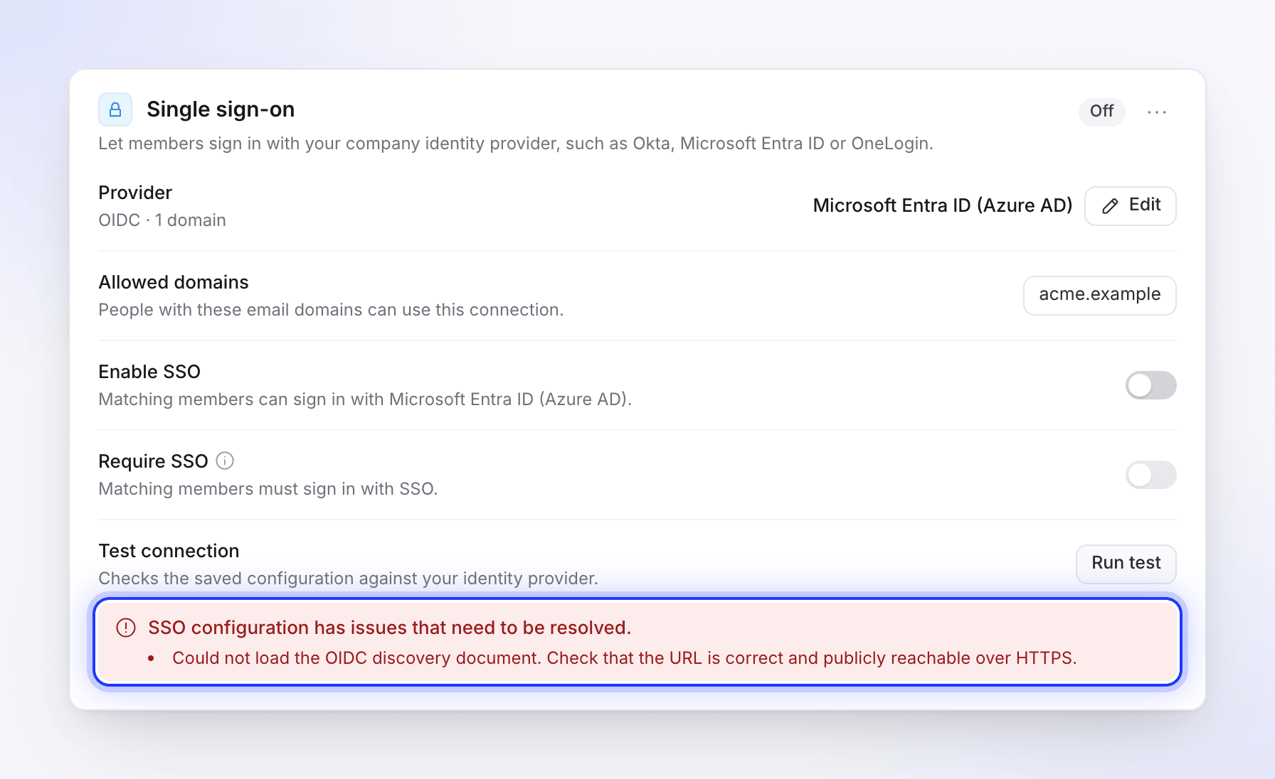 A failed SSO test explaining that the OIDC discovery document could not be loaded