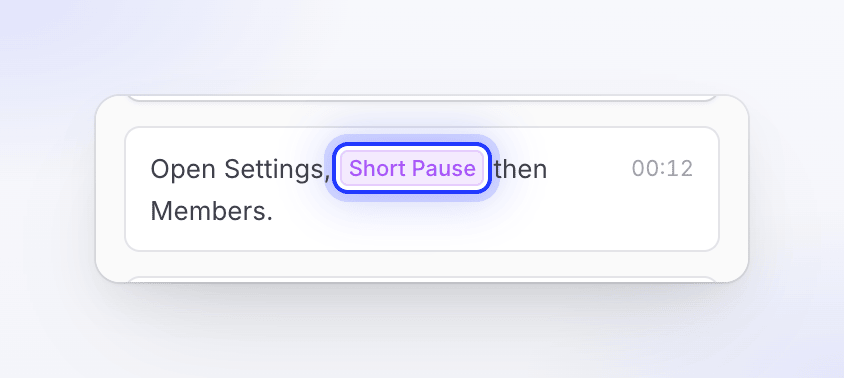 A narration line in the Script tab with a Short Pause tag between two phrases.
