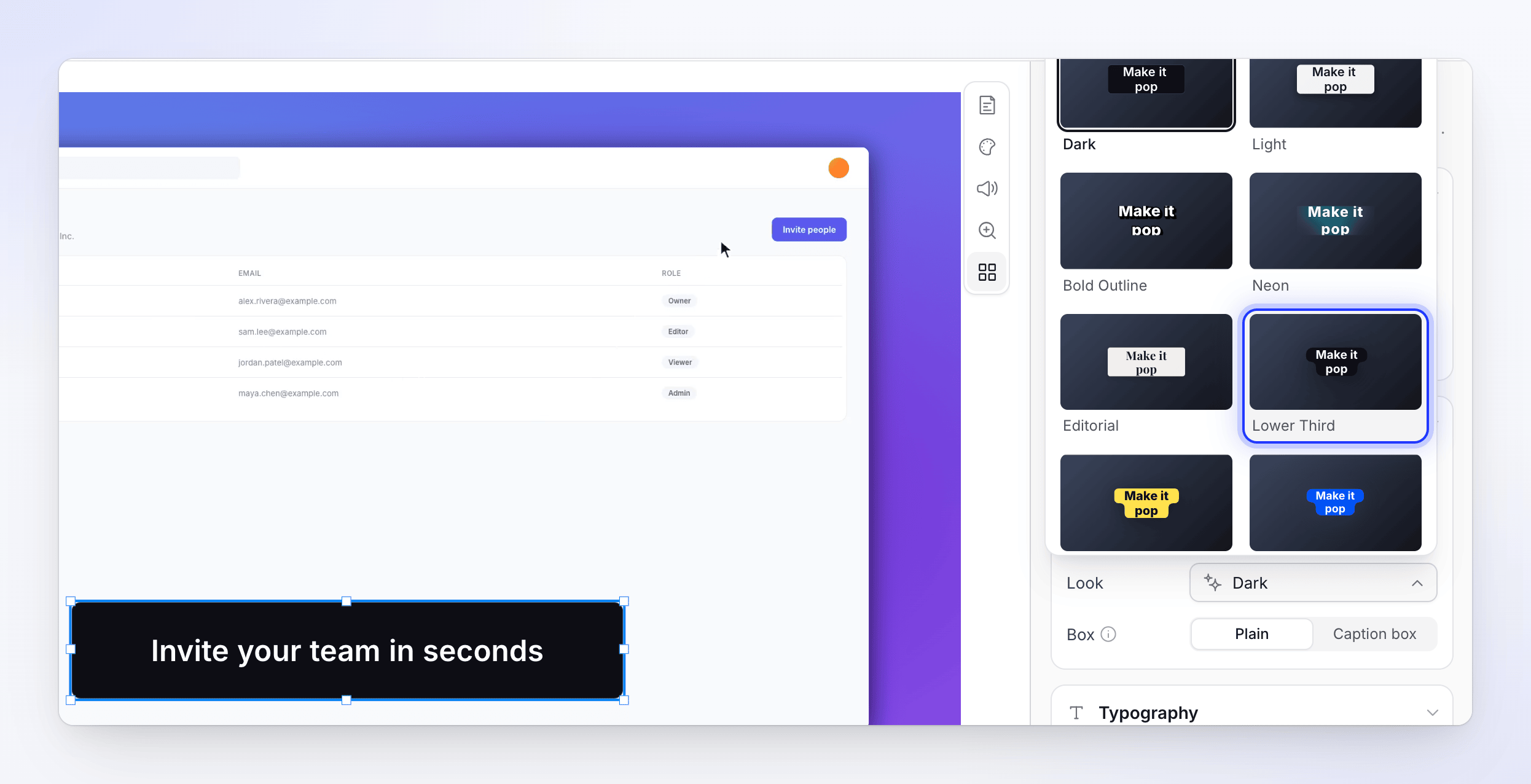 The Look picker for a text box, with Lower Third highlighted and the text box on the video.
