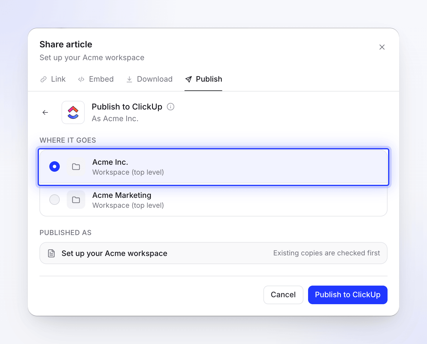 Publier sur ClickUp, Destination : la liste des espaces de travail avec Acme Inc. sélectionné