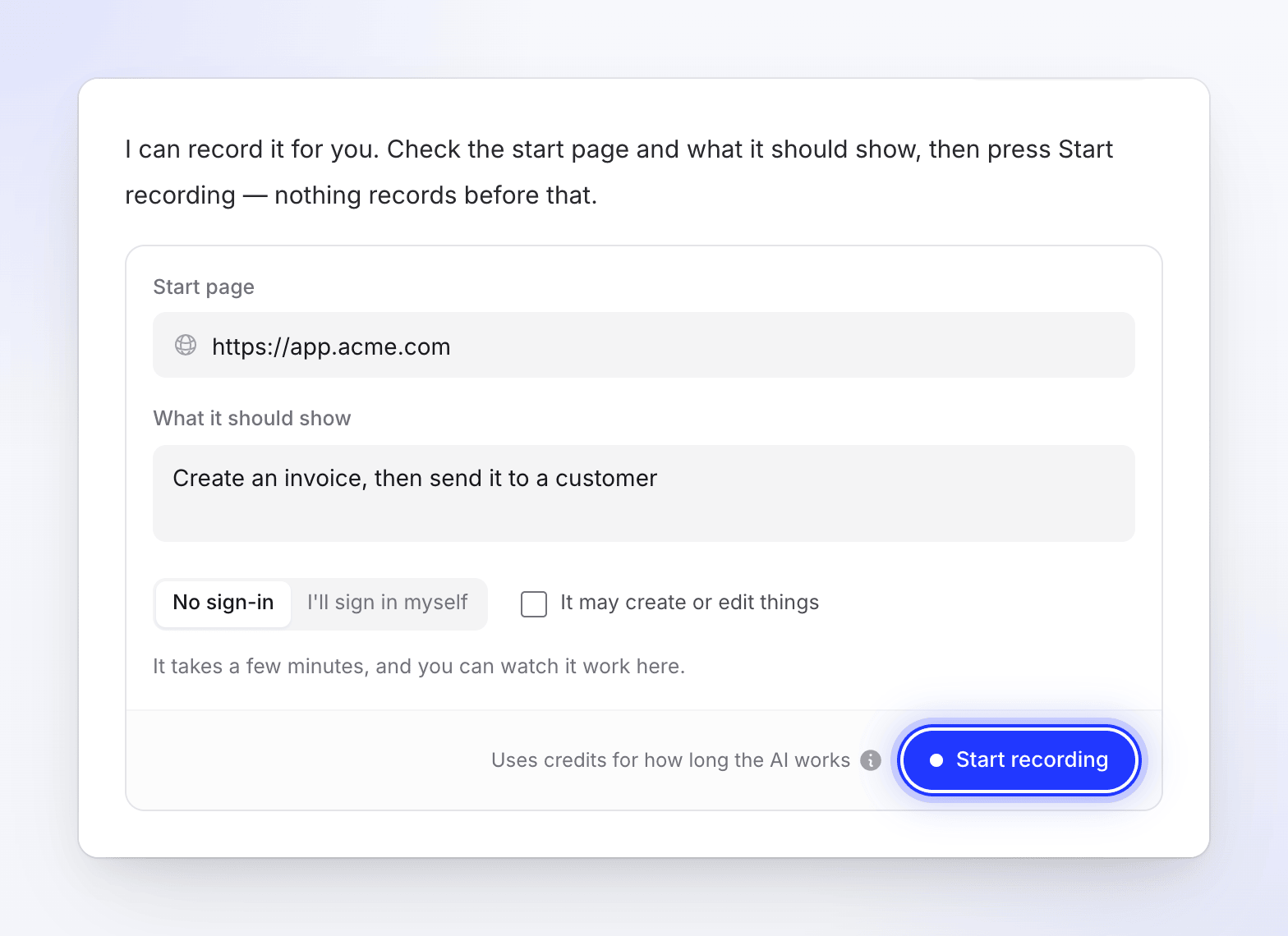The Record with AI card in the setup chat with a start page, what it should show, No sign-in and Start recording