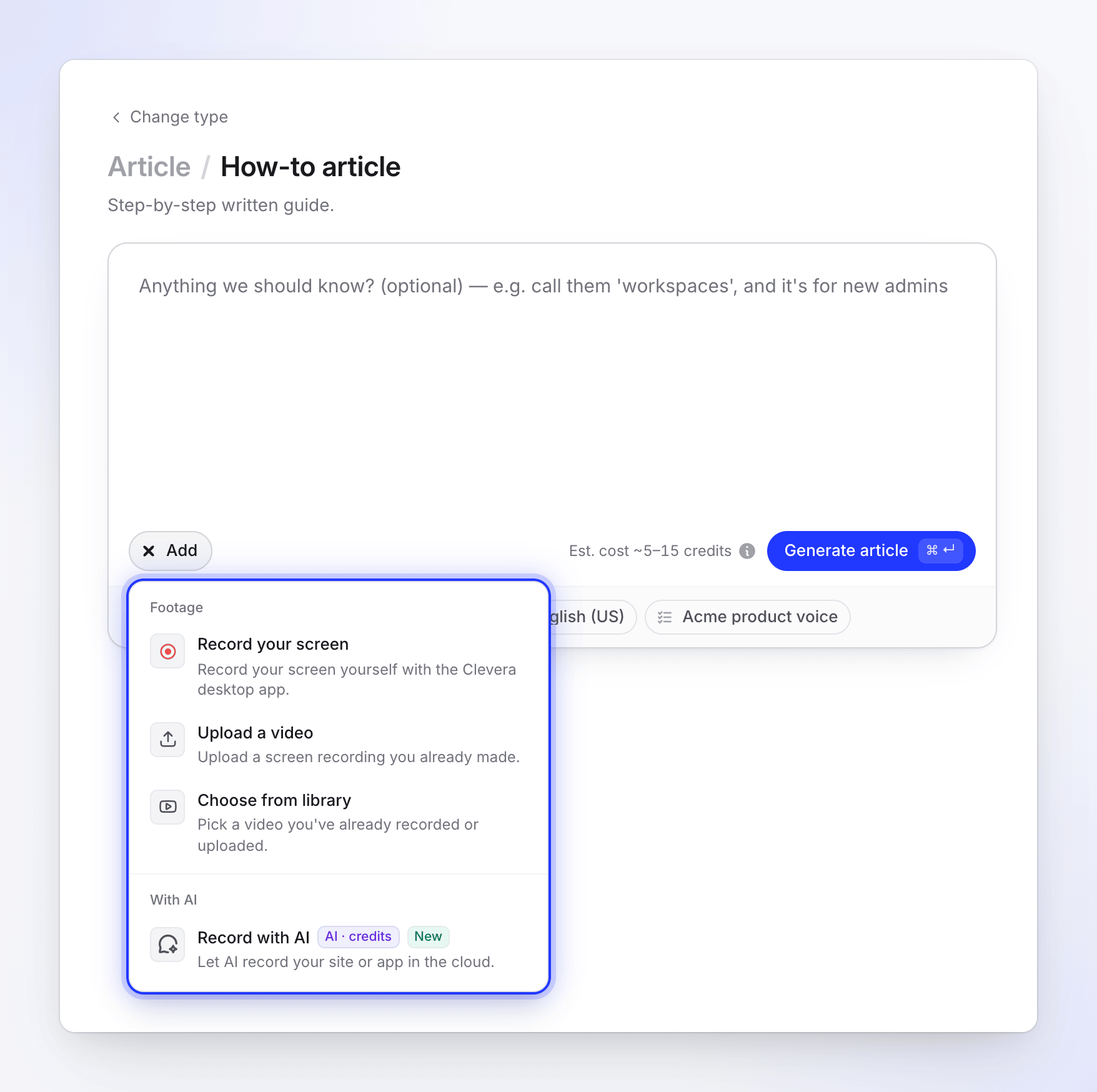 The add-material menu on an article: Record your screen, Upload a video, Choose from library and Record with AI