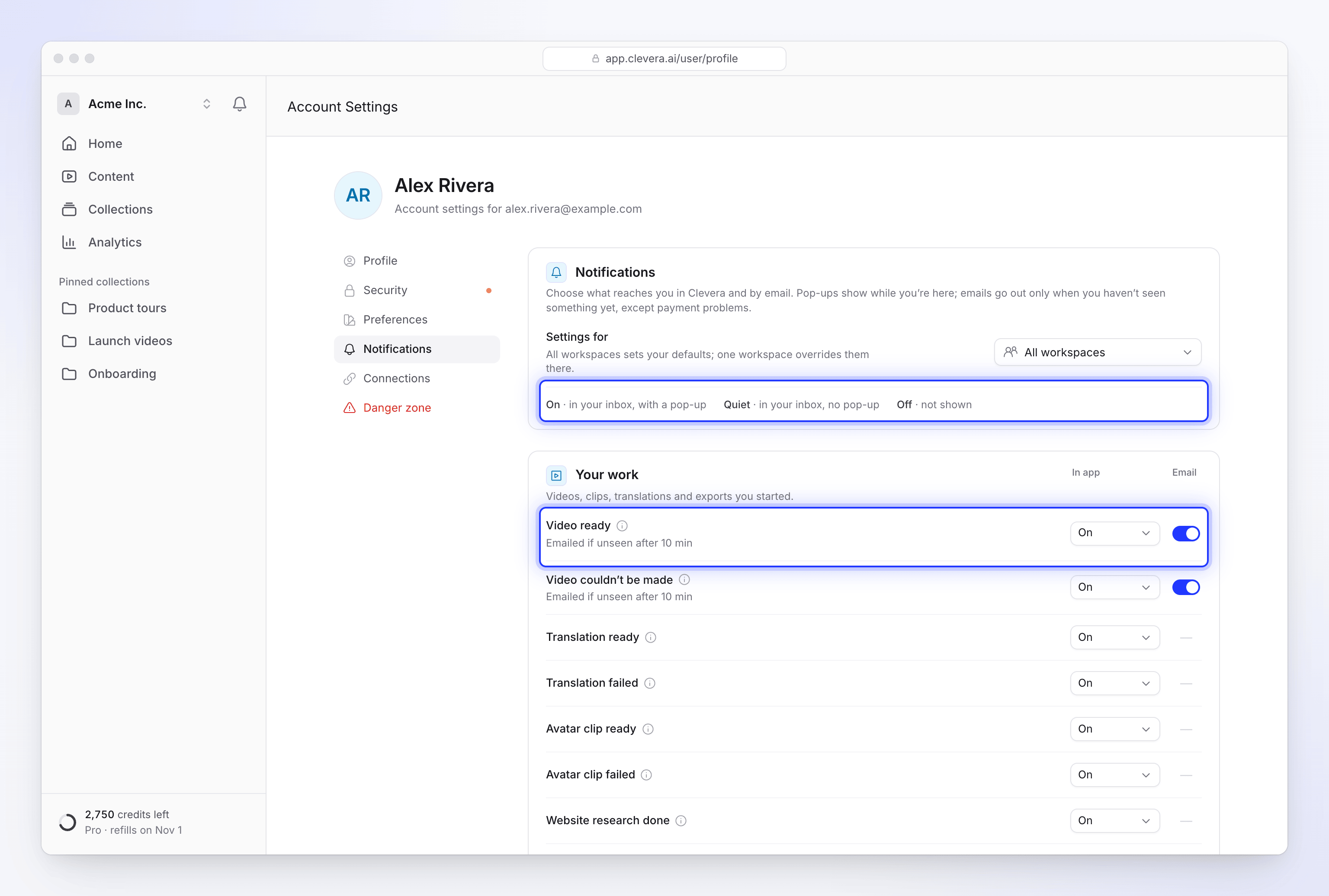 The Notifications tab with the On, Quiet and Off legend and the Your work rows