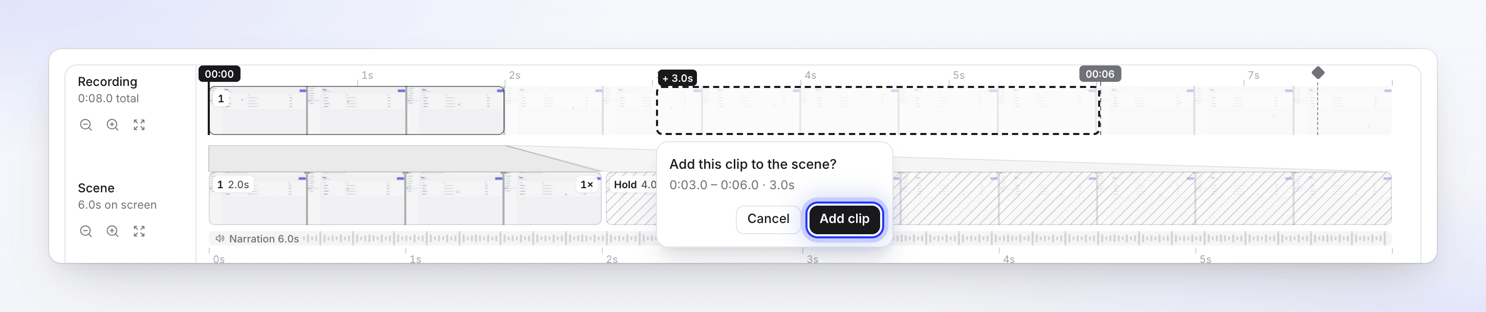 Dragging across the recording shows a card asking Add this clip to the scene?