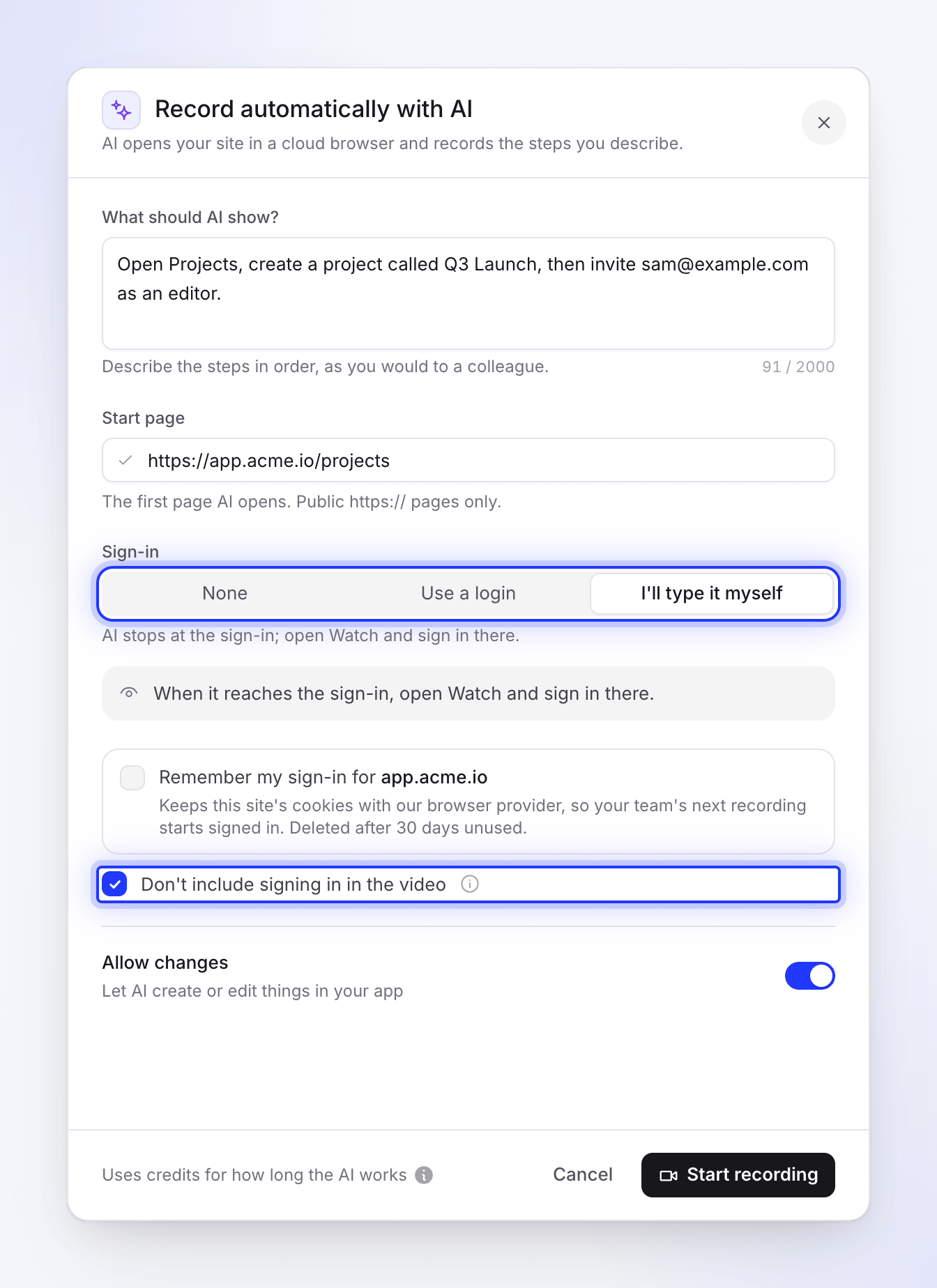 The Record automatically with AI dialog with steps, a start page, I'll type it myself selected and Don't include signing in in the video ticked