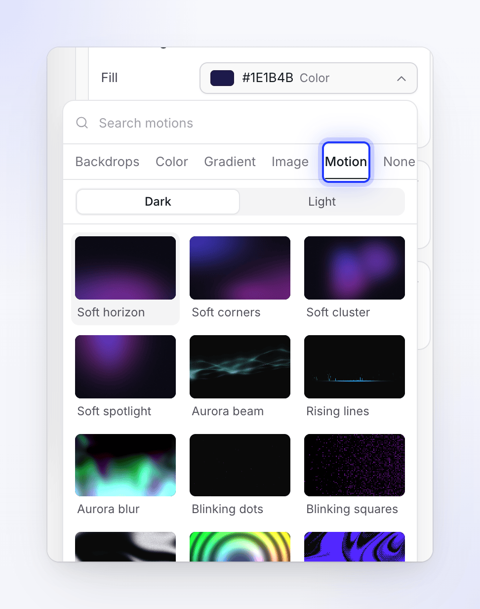 The Fill picker open on the Motion tab, with Dark and Light switches and a grid of animated backgrounds such as Soft horizon, Aurora beam and Rising lines.