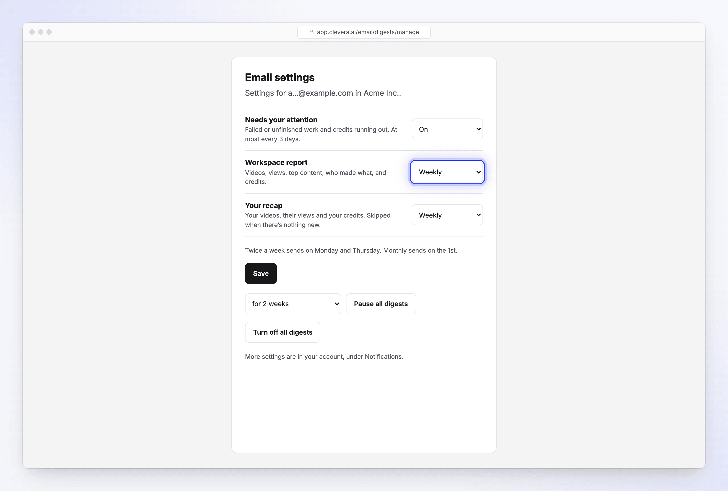 The Email settings page opened from a report's footer, with a frequency menu per email and pause and turn-off buttons