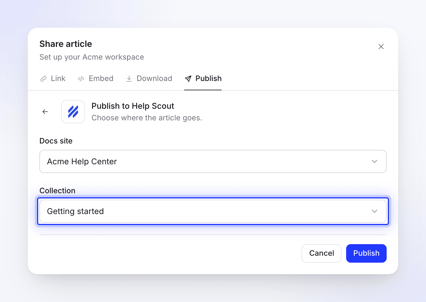 The Publish to Help Scout form with the Acme Help Center site and the Getting started collection