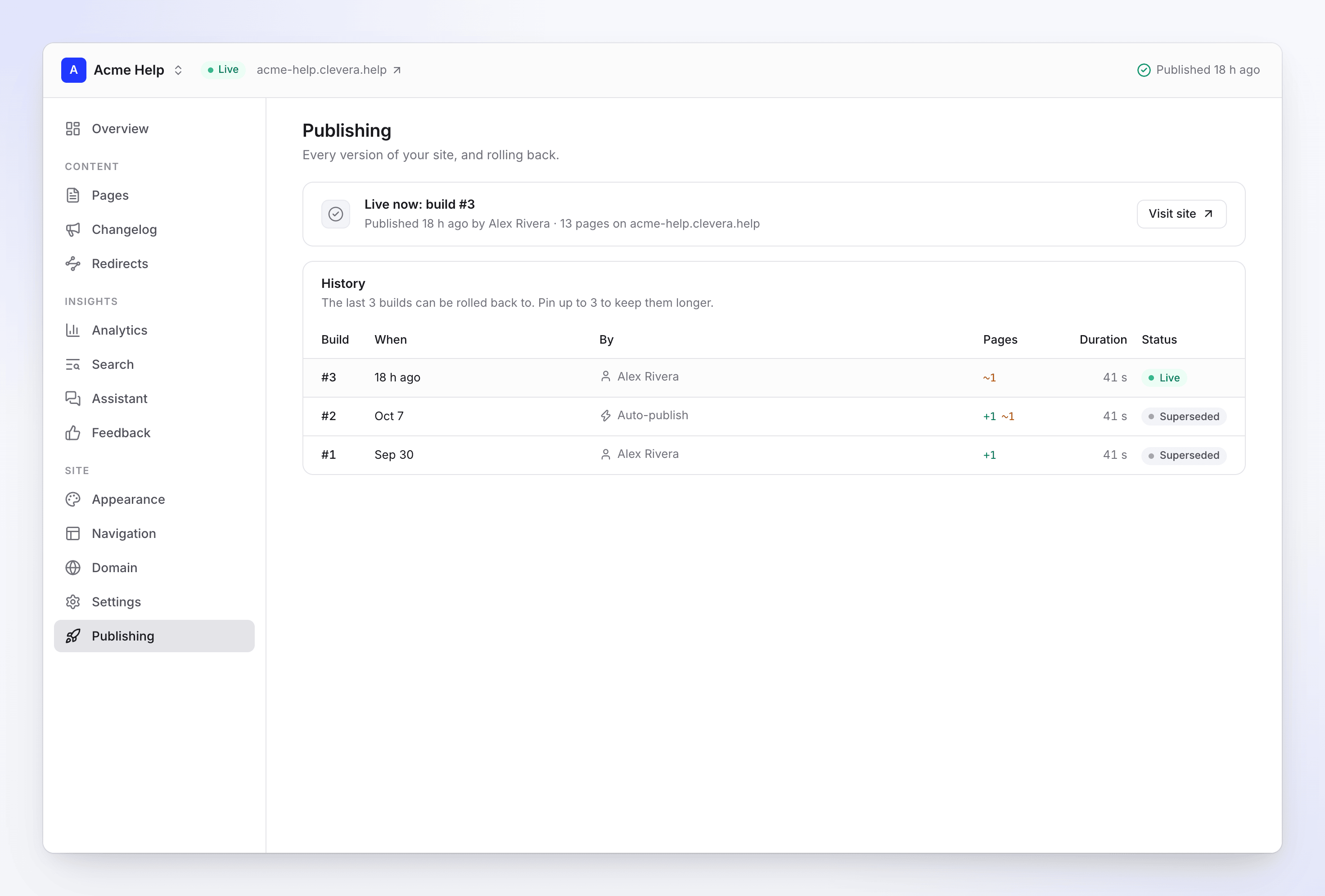 The Publishing screen: build #3 live now, and the history of builds #1 to #3 with who published, page changes, duration and status