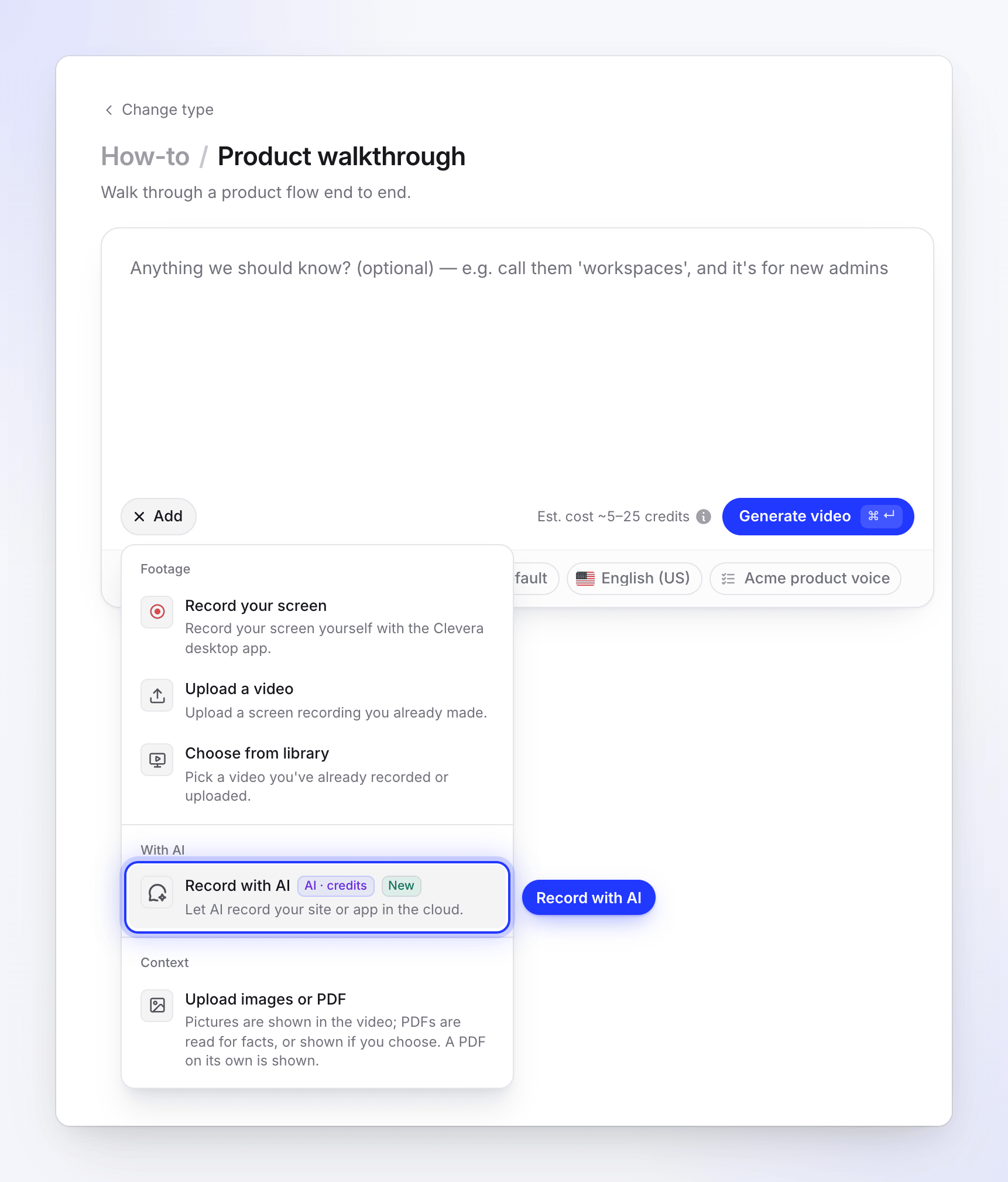 The Add menu on Compose with Record with AI highlighted in the With AI group.