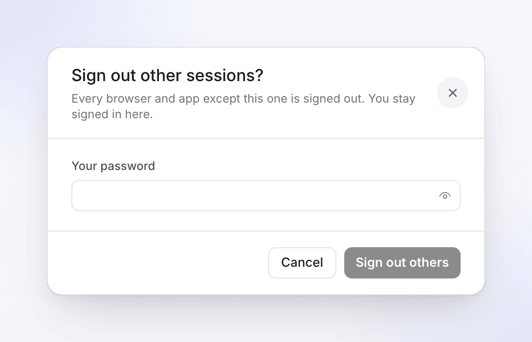 The Sign out other sessions dialog asking for your password
