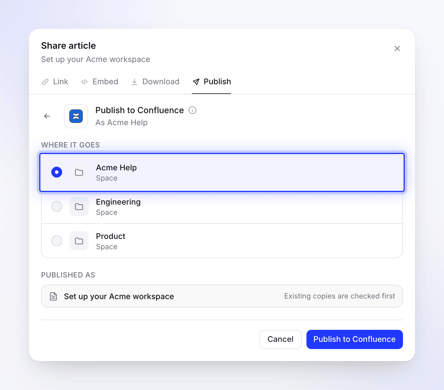 Pubblica su Confluence, Dove va: l'elenco degli spazi con Acme Help selezionato