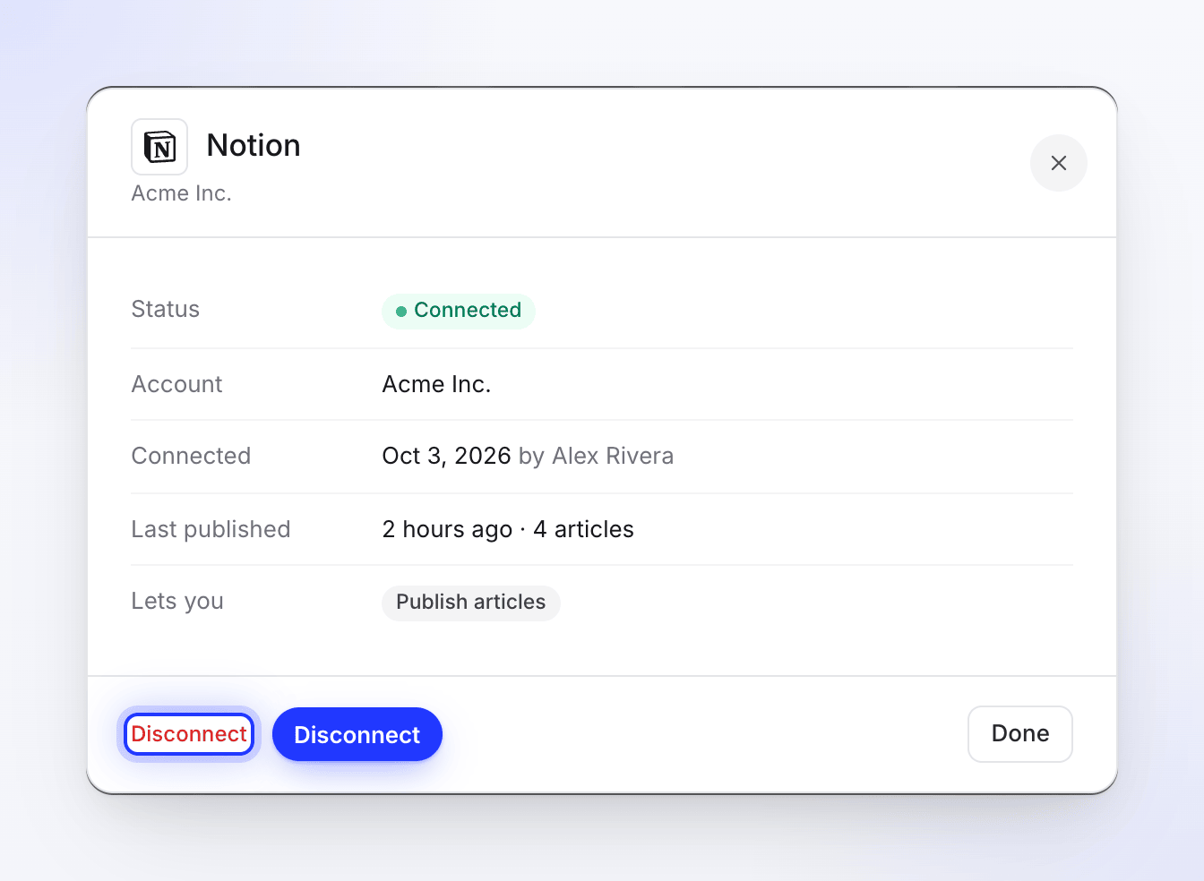 The Notion connection details with status, account, who connected it, last publish and a Disconnect link