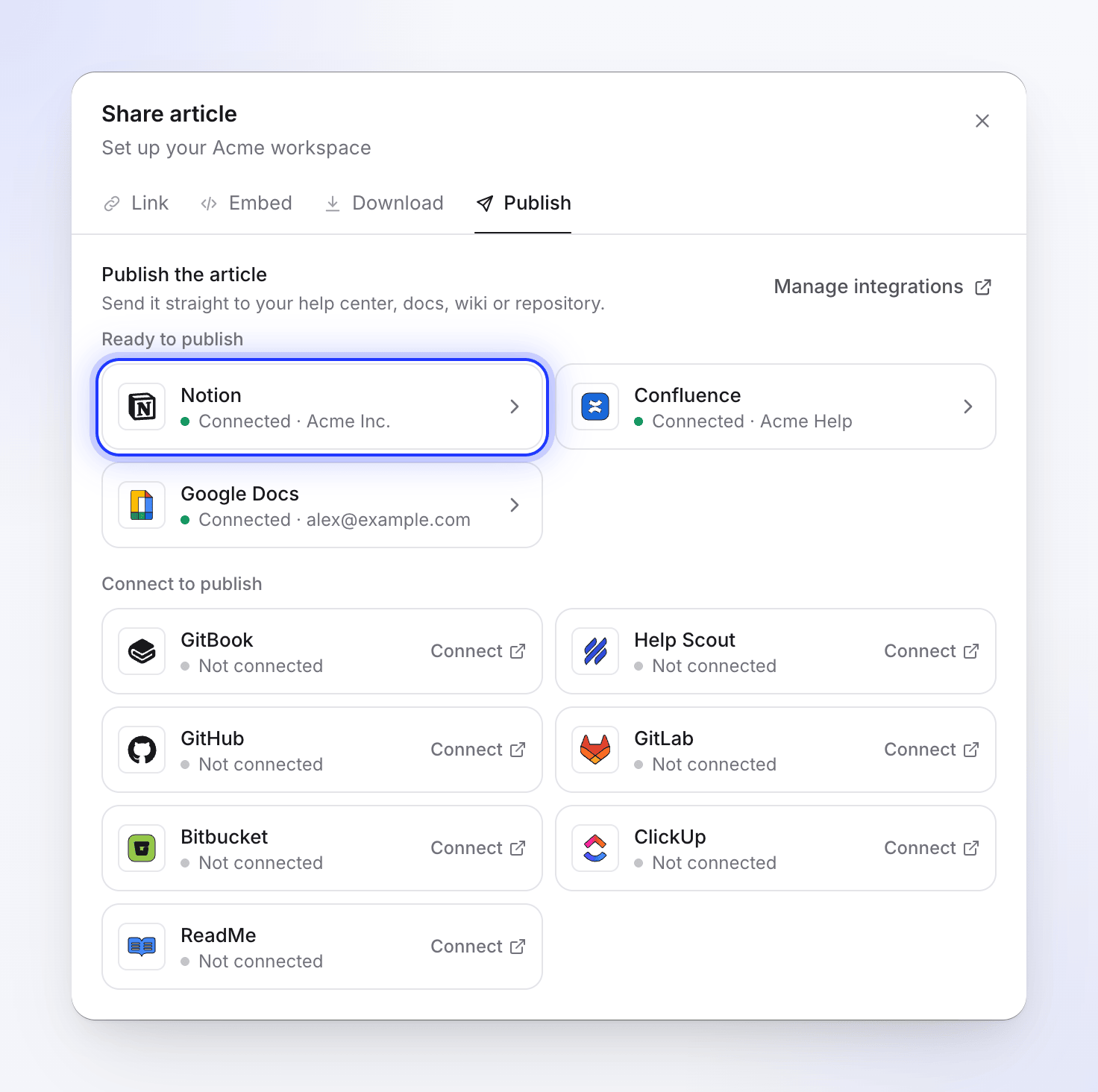 The Publish tab with Notion, Confluence and Google Docs ready to publish and the other tools under Connect to publish
