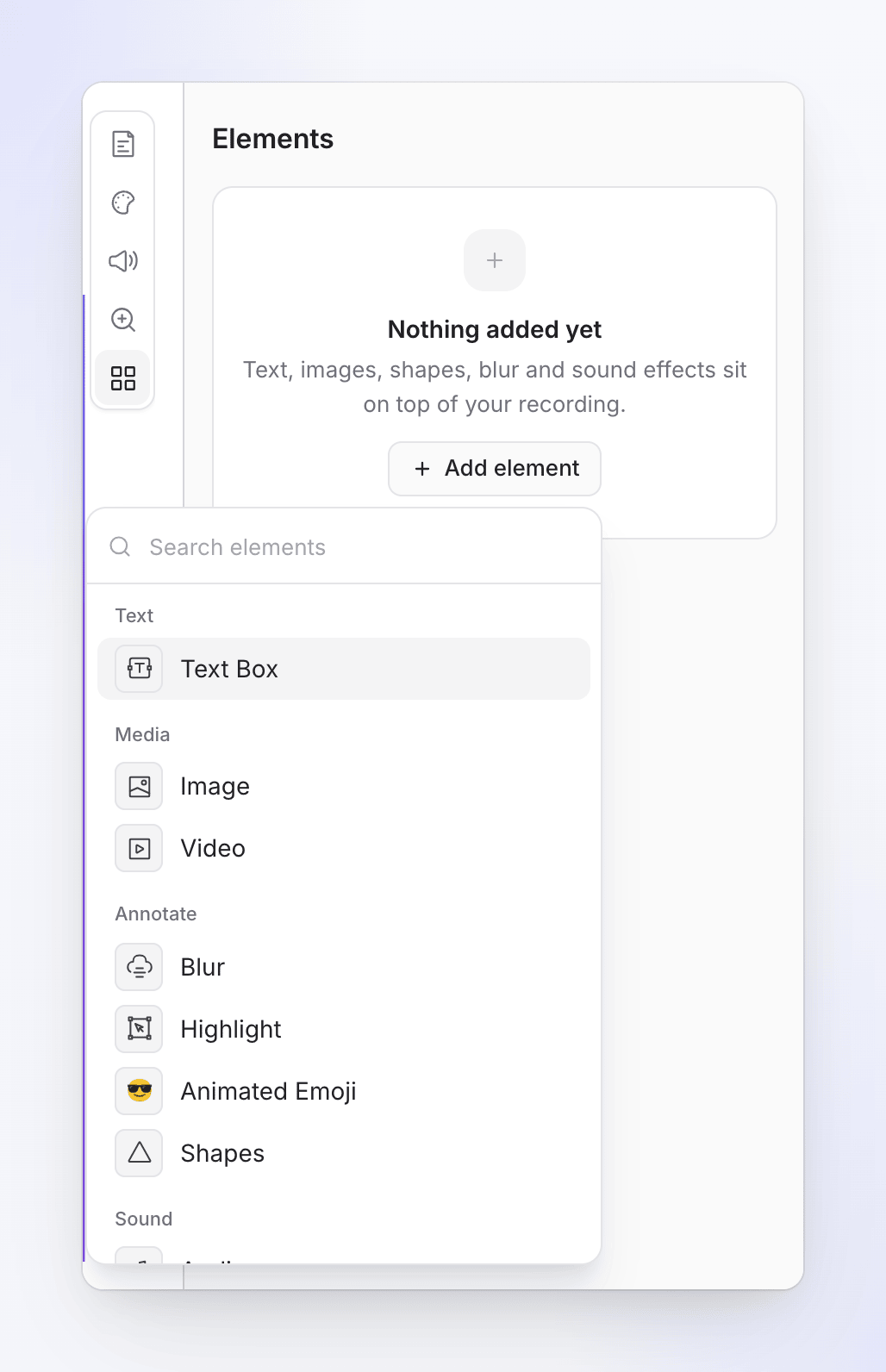 The Add an element list grouped into Text, Media, Annotate and Sound.